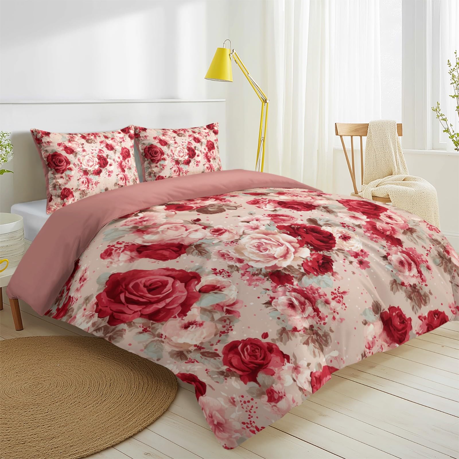 Biancheria da letto vintage elegante, 200 x 200 cm, romantica, morbida, classica, di lusso, con motivo floreale e rose, in microfibra, con chiusura lampo, include 1 copripiumino e 2 federe, per