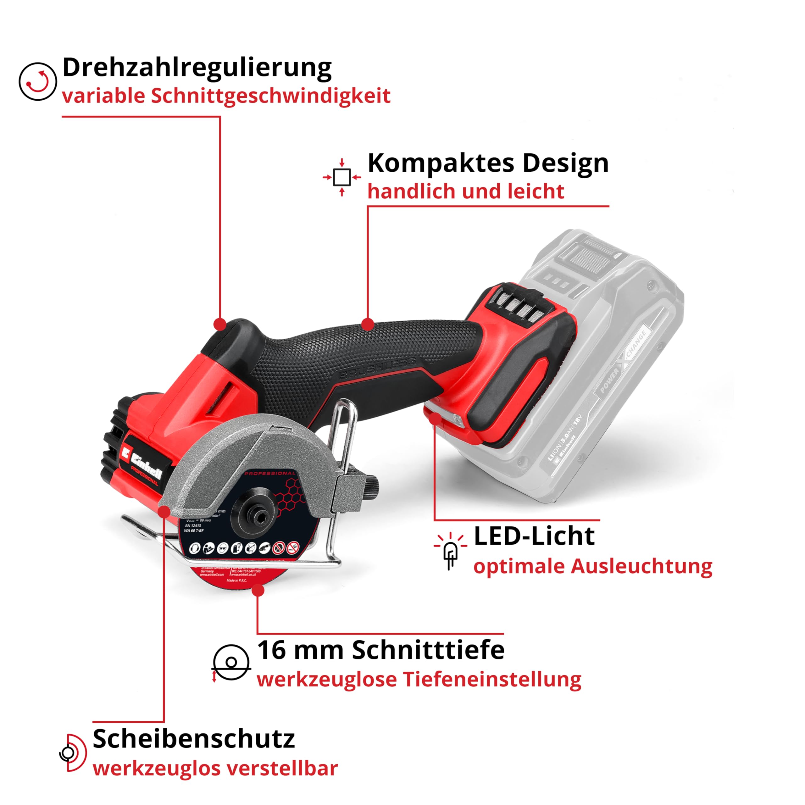 Einhell Professional Akku-Trennschleifer TP-CO 18/76-C Li BL (18 V, 76 mm Scheiben-Ø, 16 mm Schnitttiefe, Tiefeneinstellung, Inkl. 4x Trennscheibe, inkl. 4,0 Ah PLUS Akku & Ladegerät)