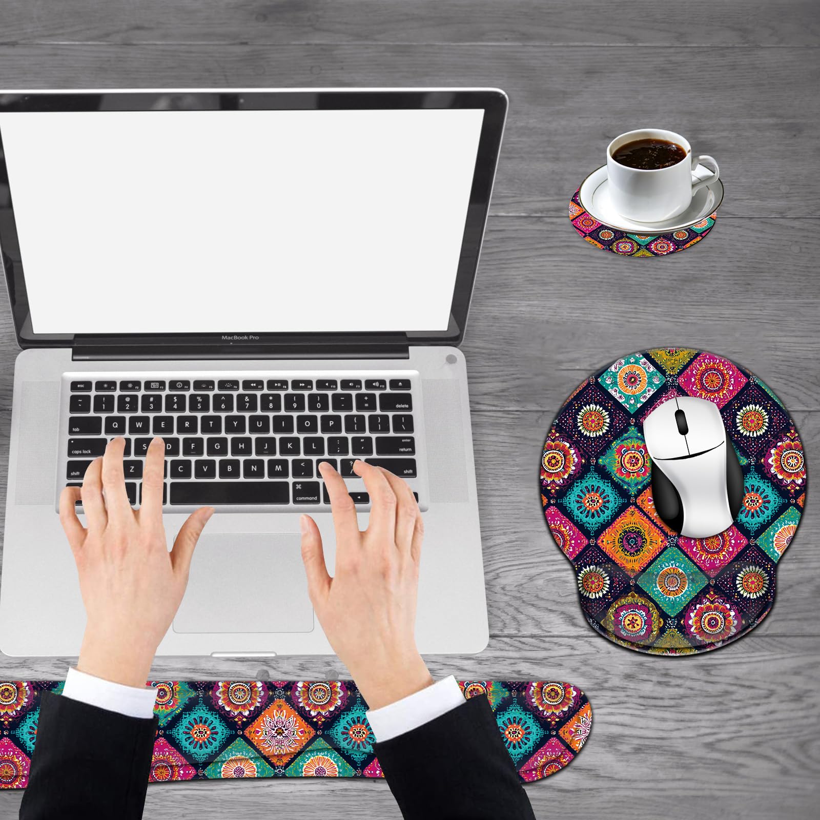 Repose-poignet pour clavier et souris avec dessous de verre - Base antidérapante en polyuréthane avec mousse à mémoire de forme ergonomique surélevée pour taper et soulager la douleur - Mandala floral
