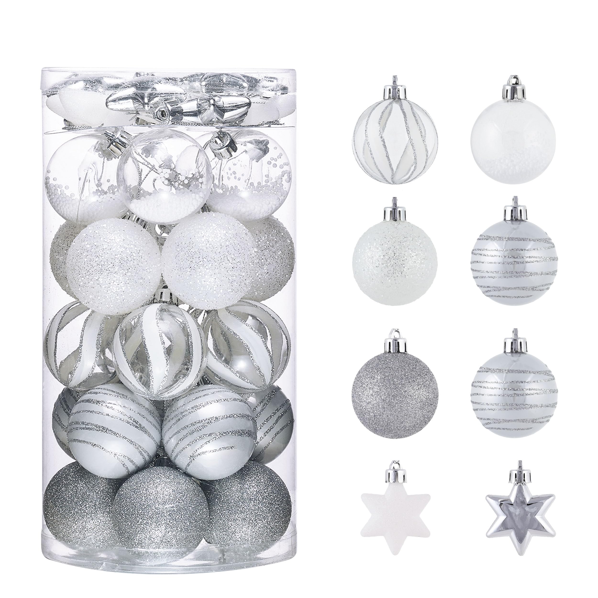 Victor's Workshop Christmas Baubles Set 35pcs 50mm, White and Silver Christmas Ball Shatterproof Ornaments for Xmas Tree Decorations