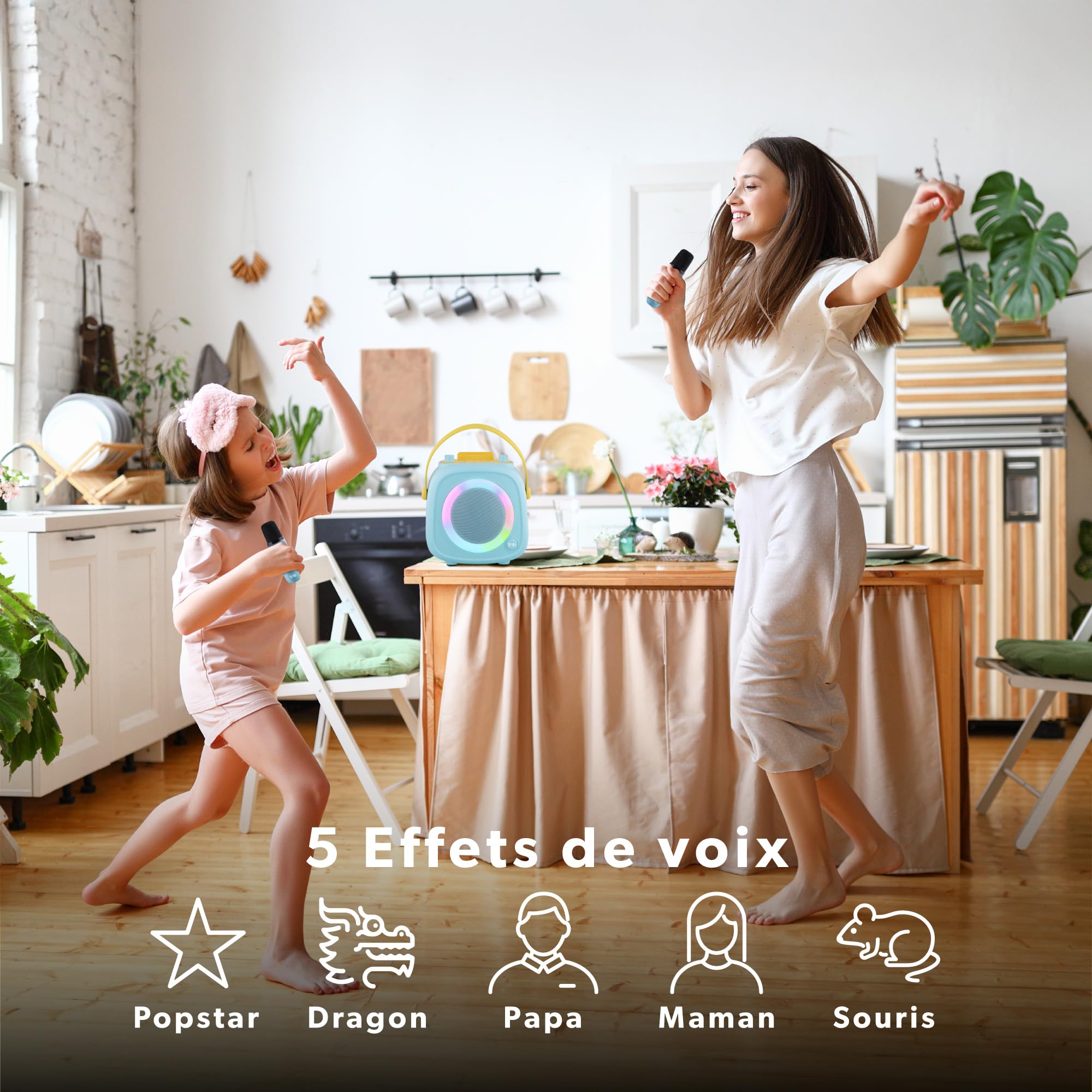 T'nB - Enceinte Bluetooth Karaoke, Idée Cadeau Noel, 2 Microphones sans Fil, 5 Effets Vocaux, Anneau Lumineux RGB, USB et Jack 3,5 mm, Poignée de Transport, Autonomie 5 h, Système Portable - Bleu