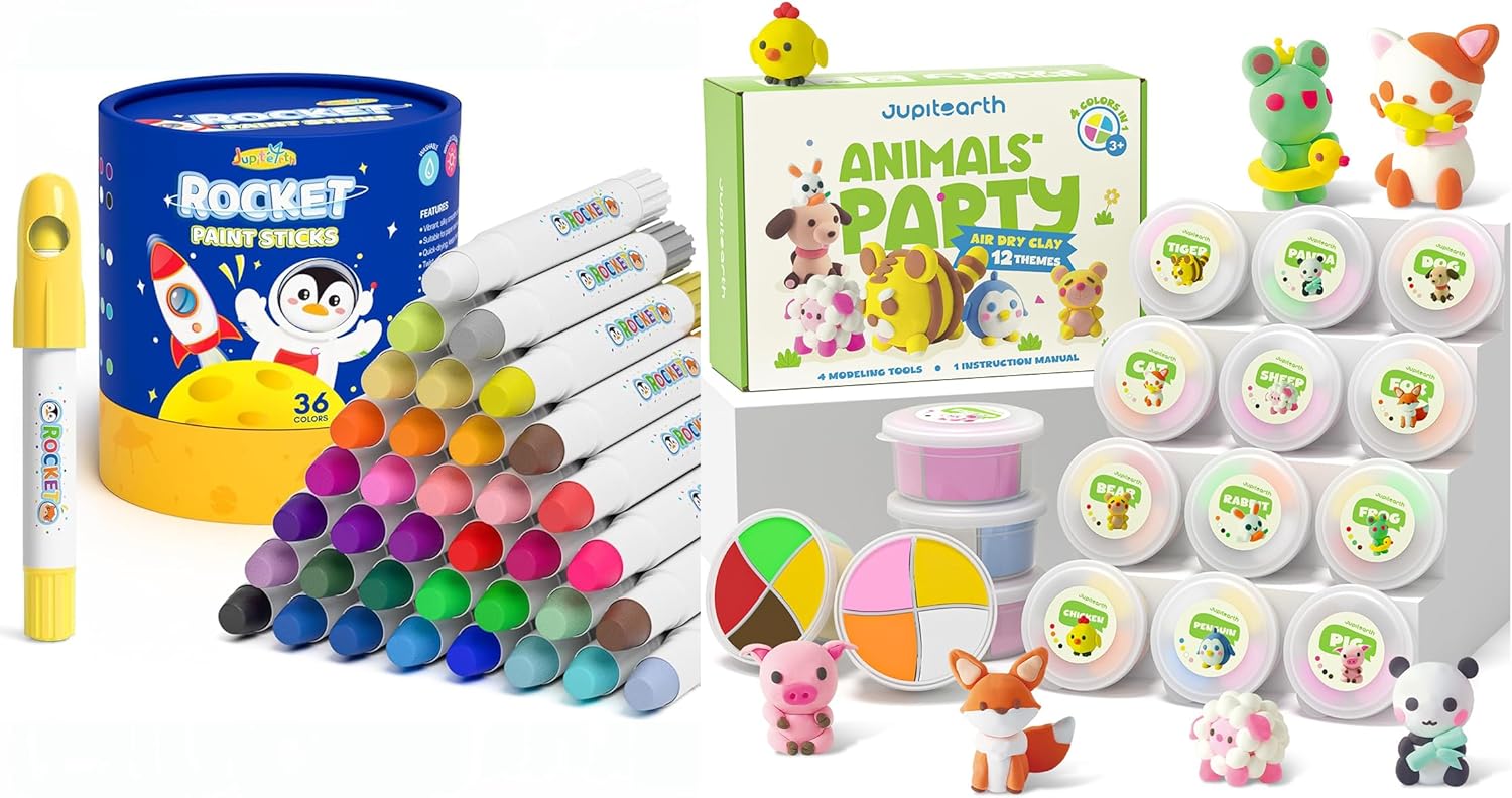 JUPITEARTH 36 Vibrant Washable Tempera Paint Sticks & 12 Animal Theme Air Dry Clay for Creative Modeling, DIY Crafts, and Fun Home Party Favors.