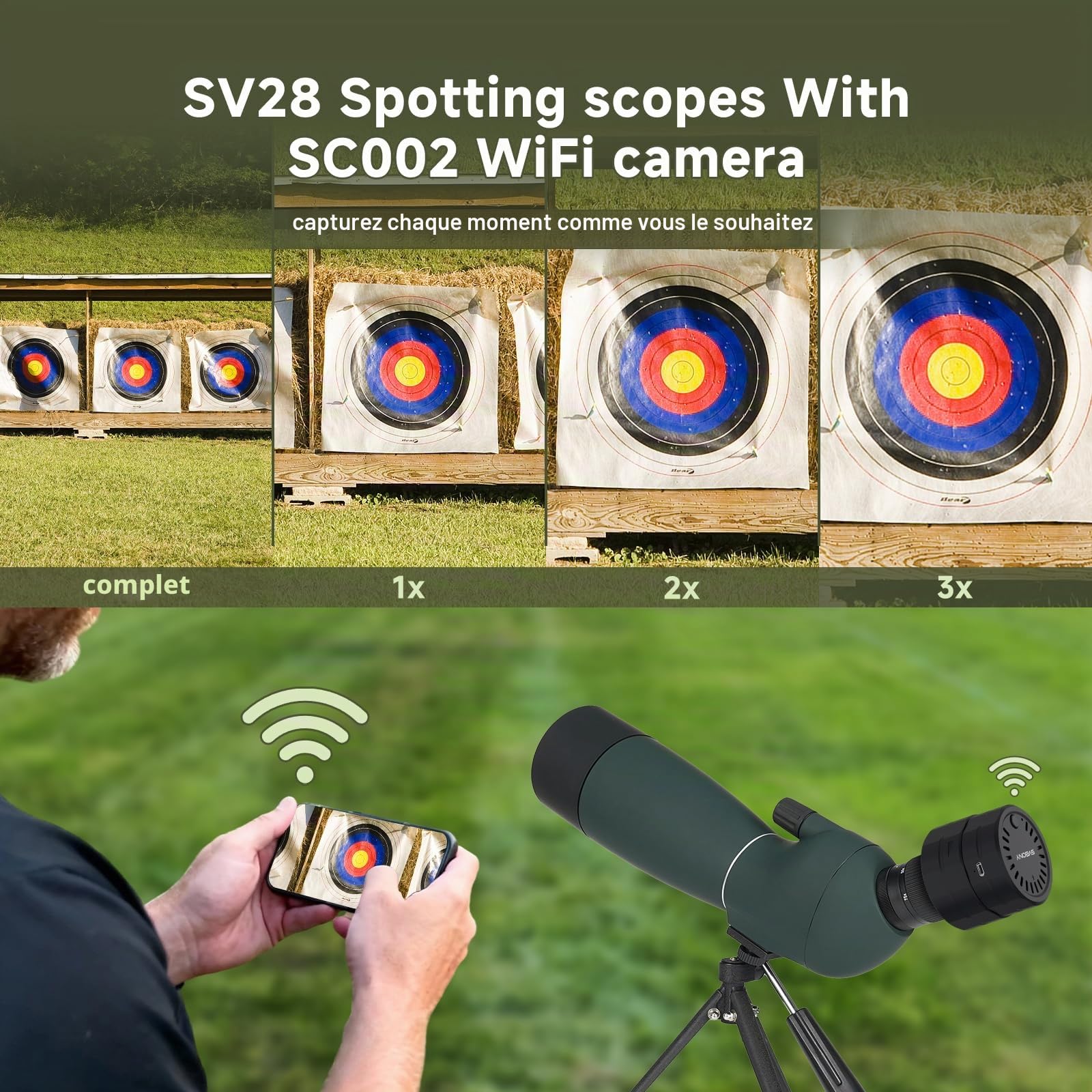 Svbony SV28PLUS Upgrade 25-75x70 mm Longue-Vue, avec SC002 Wi-Fi Caméra, BAK4 A5 Rouge vin FMC Revêtement, Longue-Vue avec Téléphone Adaptateur, Sac Trépied, pour Observation des Oiseaux, Photographie