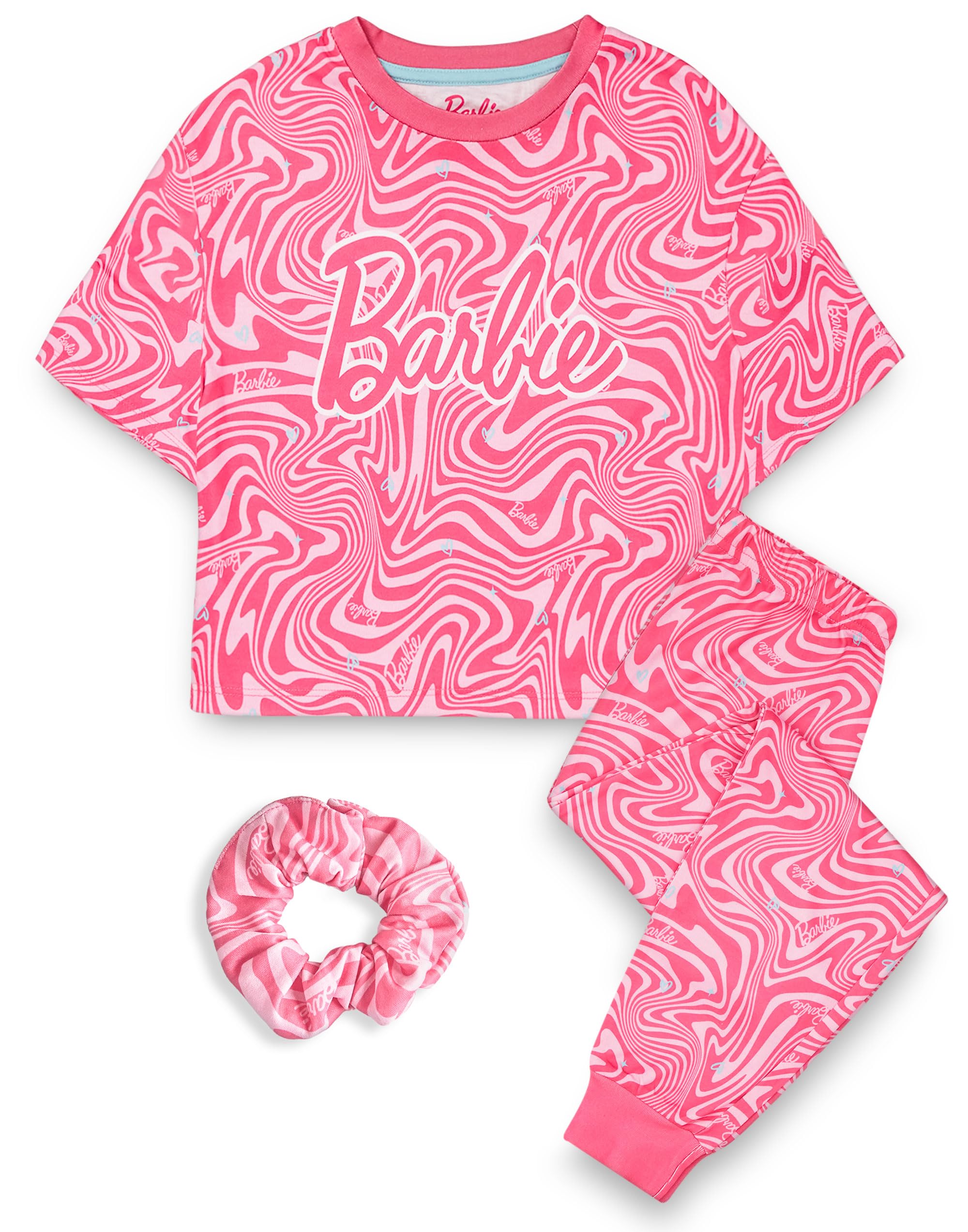Barbie Girls Pyjama Set | Childrens Wavy All Over Print Pink Short Sleeve Long Leg Graphic PJs Bundle with Scrunchie | Doll Toy Apparel Complete Matching Nightwear Set | Merchandise Gift for Kids