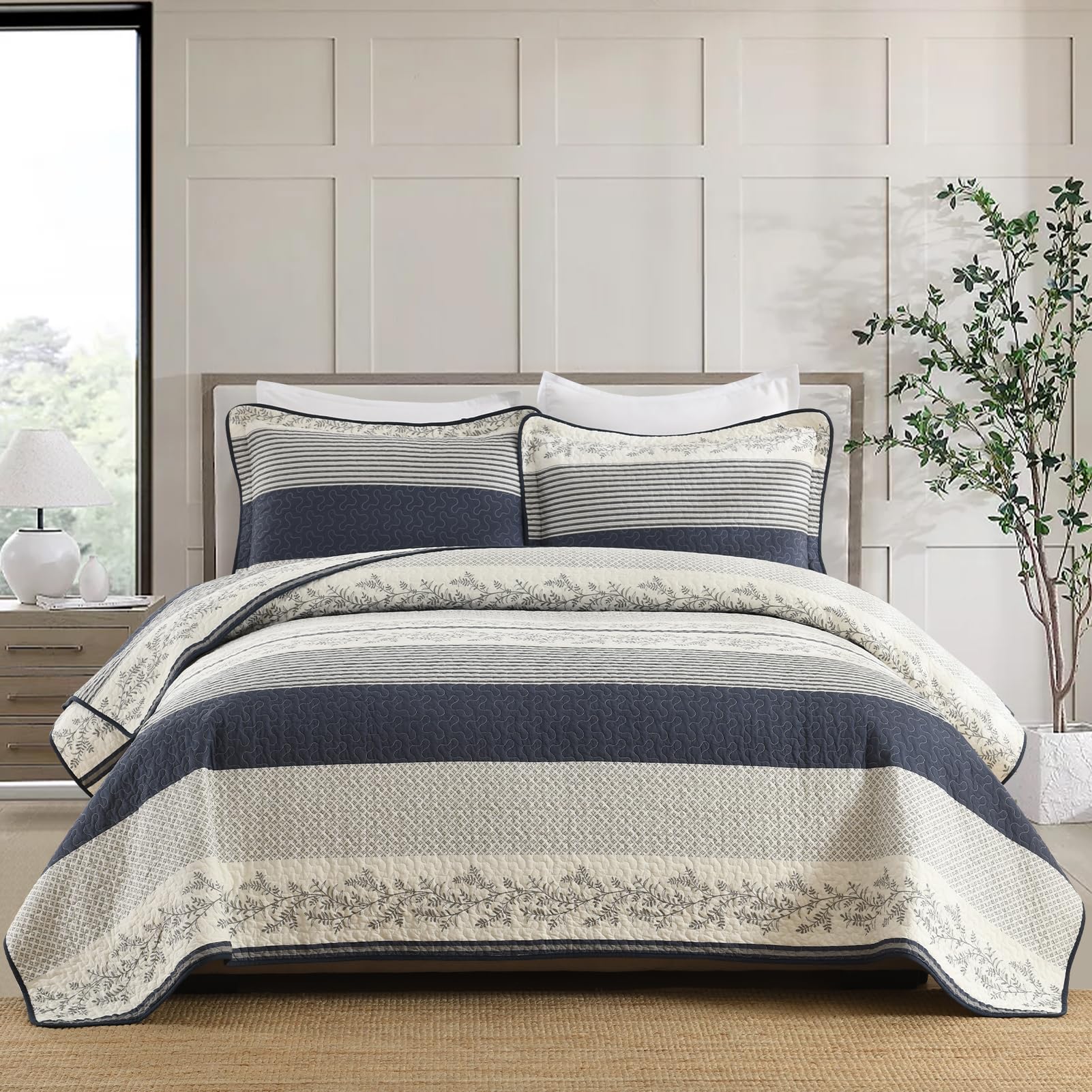 QuiltMuse Stripe Queen Quilt Set - 100% Cotton Soft Lightweight 3 Pieces Bedding Set, Vintage Vine Pattern Quilted Bedspread with 2 Pillow Shams,