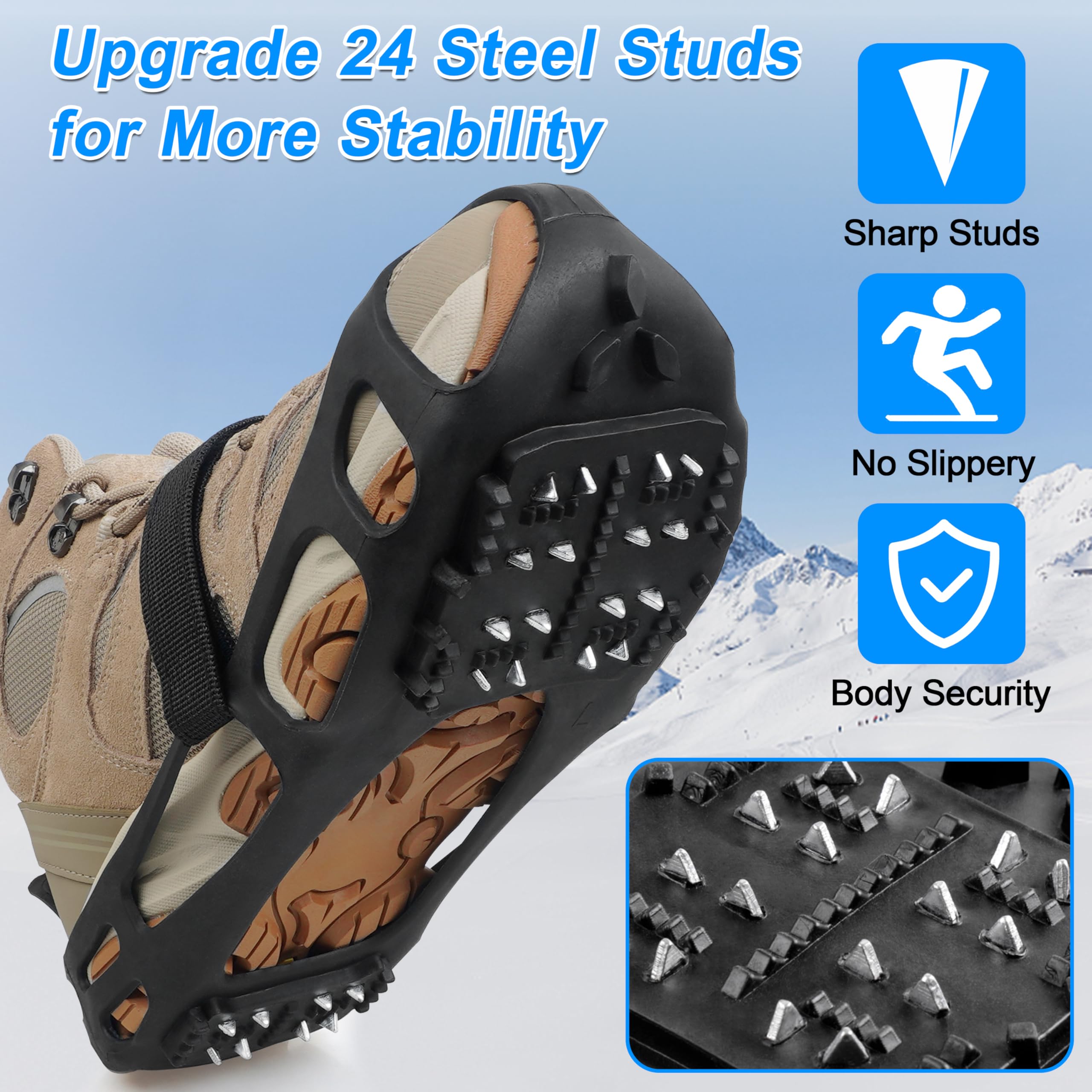 Ice Cleats Snow Walk Traction Cleats Crampons for Walking on Snow and Ice,Non-Slip Overshoe Grippers Anti Slip Footwear Ice Cleats for Shoes and Boots Winter Hiking Climbing Ice Fishing(L)