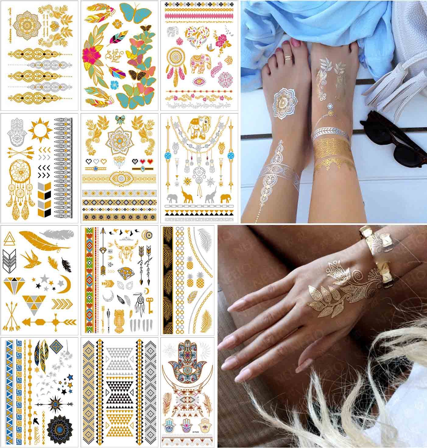 COKOHAPPY 12 Sheets Metallic Temporary Tattoo Gold Silver Over 150+ Shimmer Design Elephant Butterfly Feathers Mandala Lotus Mehndi Dream Catcher Armband for Women Teens Girls