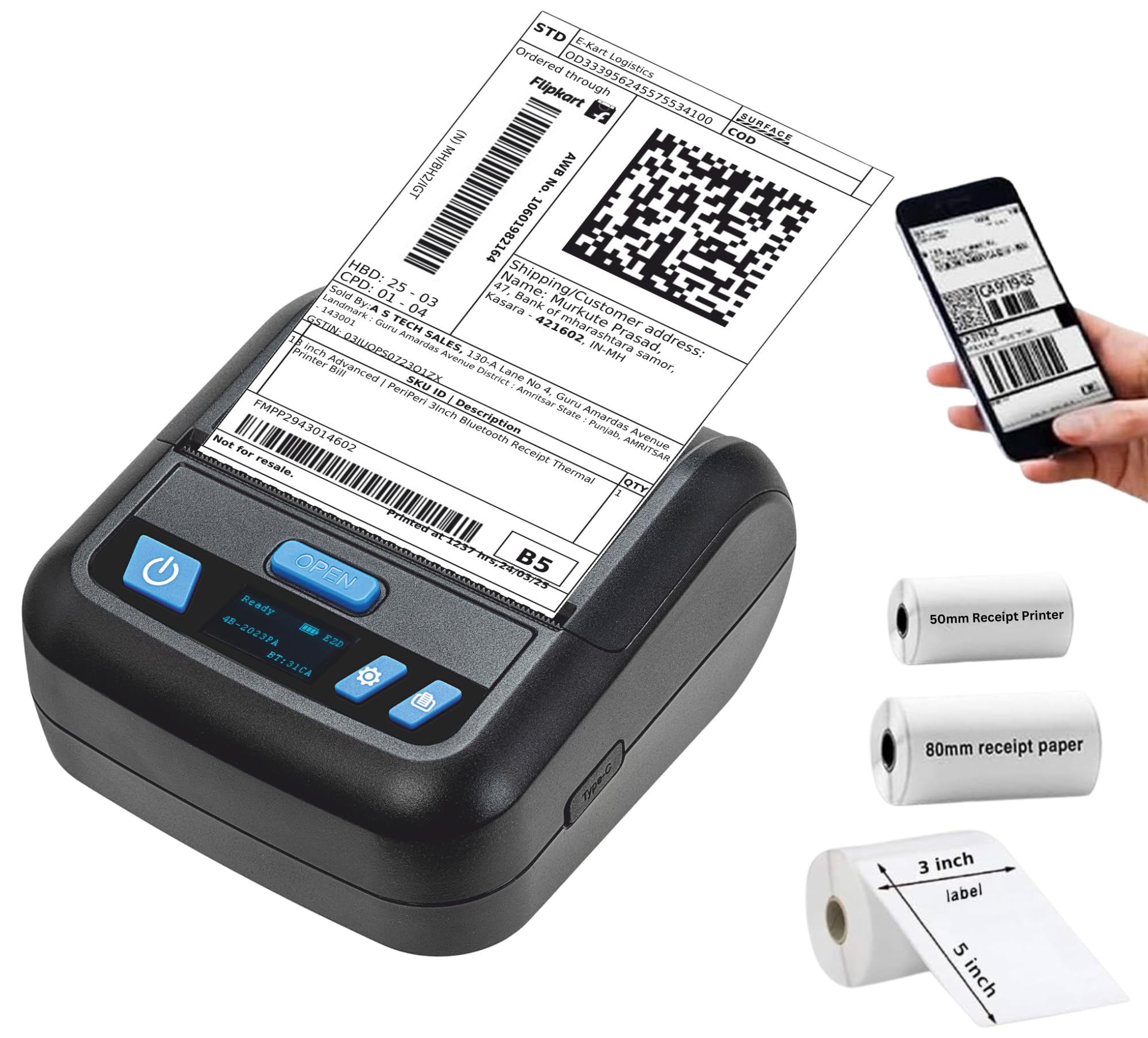 3Inch Heavy Duty USB+Bluetooth Label + Receipt 2in1 Thermal Printer, Inkless Portable Printer for Print Labels Receipt Bill Compatible with iOS, Android, Windows & Mac (1 Year Warranty)