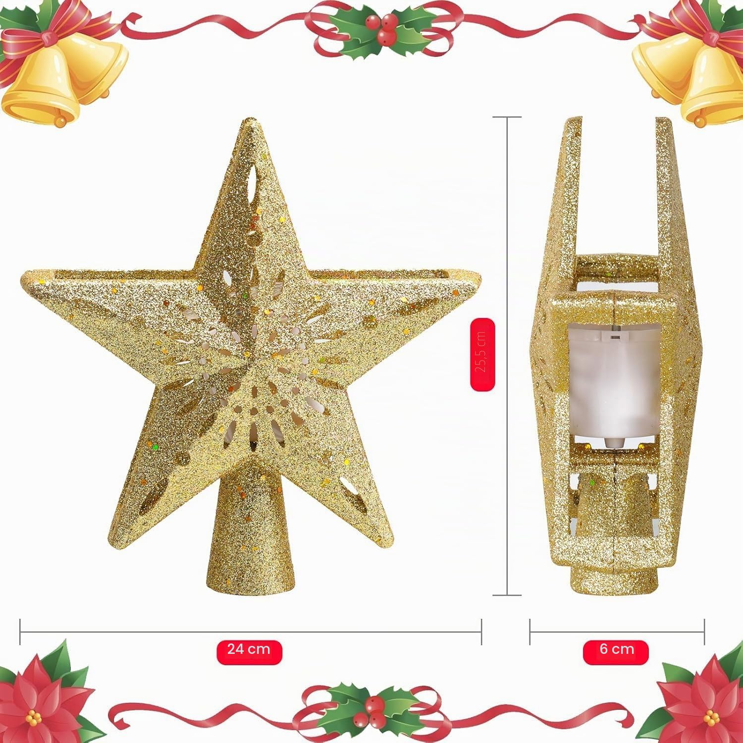 Avoalre Pointes de Sapin Projecteur 3D Rotation Étoile Sapin de Noël LED Arbre Topper Lumineuse Rotatif Decoration pour Arbre de Noël Interieur Exterieur-Doré(Etoile)
