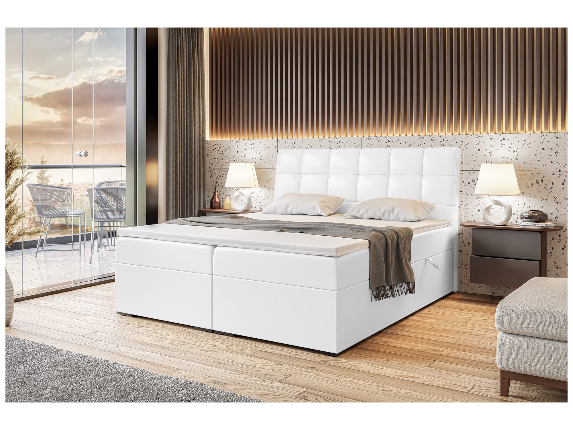 MEBLINI Boxspringbett mit Bettkasten - Gepolstert Doppelbett mit Matratze und Topper - Polsterbett mit Stauraum - Bett mit Kopfteil - Stauraumbett - Drago - 180x200 - H3/Weiß Kunstleder