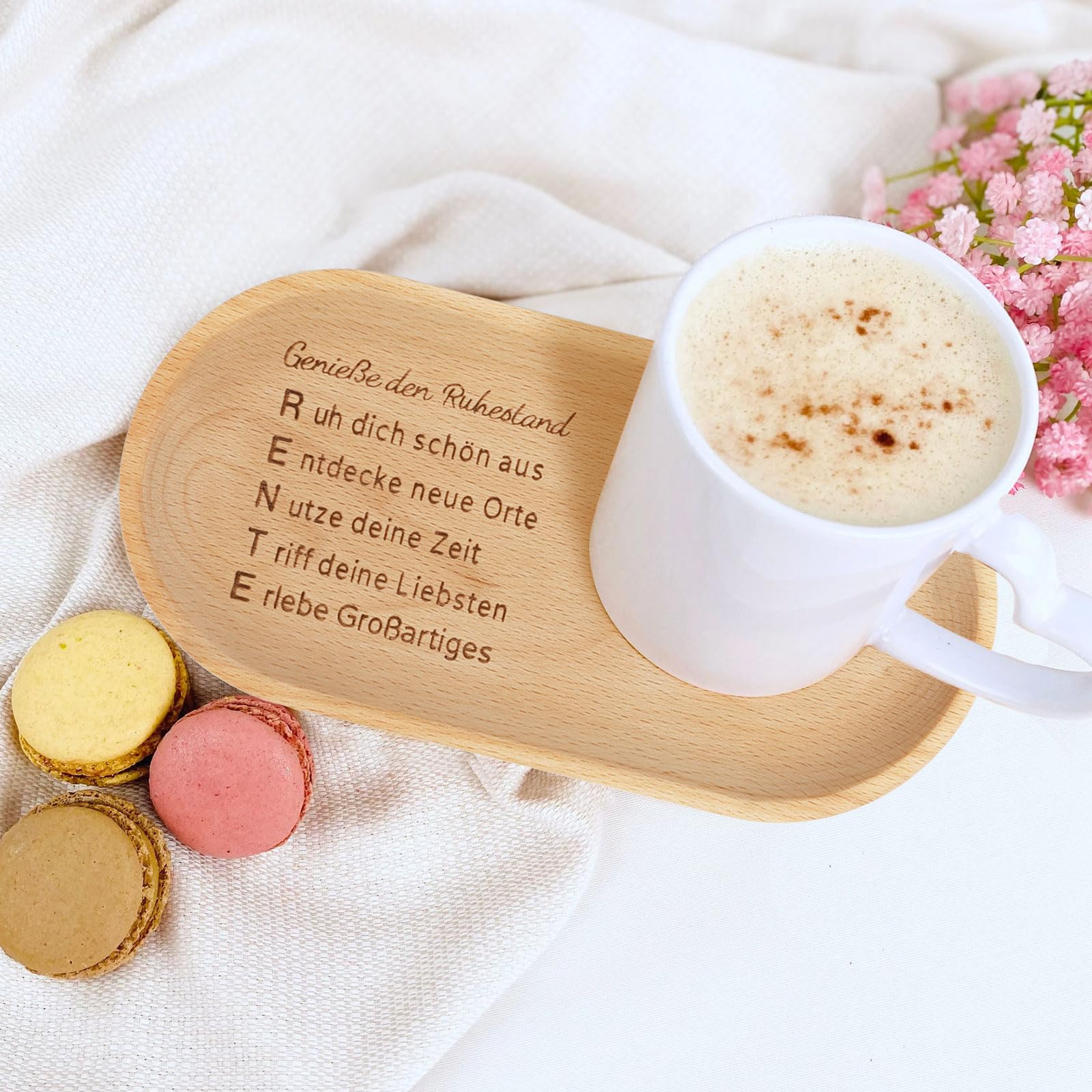 MEJOSER Holz Tablett für Brot Tassen 22x11cm Ruhestand Geschenk Renteneintritt Rente Geschenke Frau Männer Rentner Brettchen Kosmetiktablett Abschiedsgeschenk für Rentnerin (Tasse Nicht inkl.)