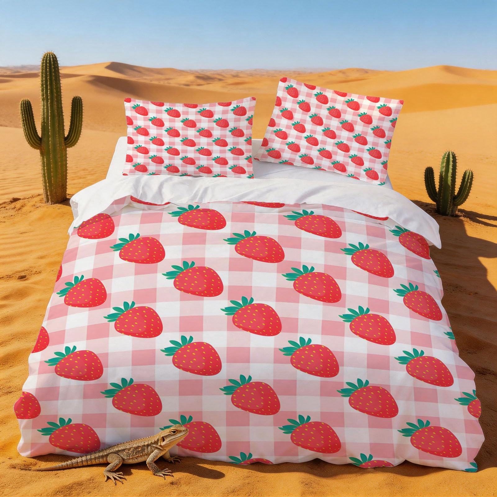 Housse de couette 220x240 fraise mignonne lit adulte 2 personnes avec taies d'oreiller en microfibre