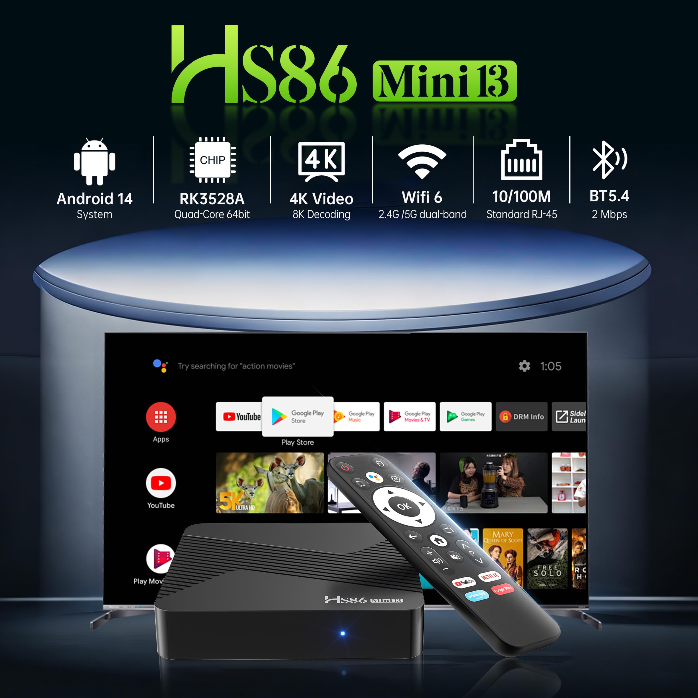Android TV Box 14.0, Android Box 2GB RAM 16GB ROM, RK3528 Quad-Core, supporta 2.4G/5G Doppio WiFi, 100M Ethernet Ultra HD 8K Smart TV Box