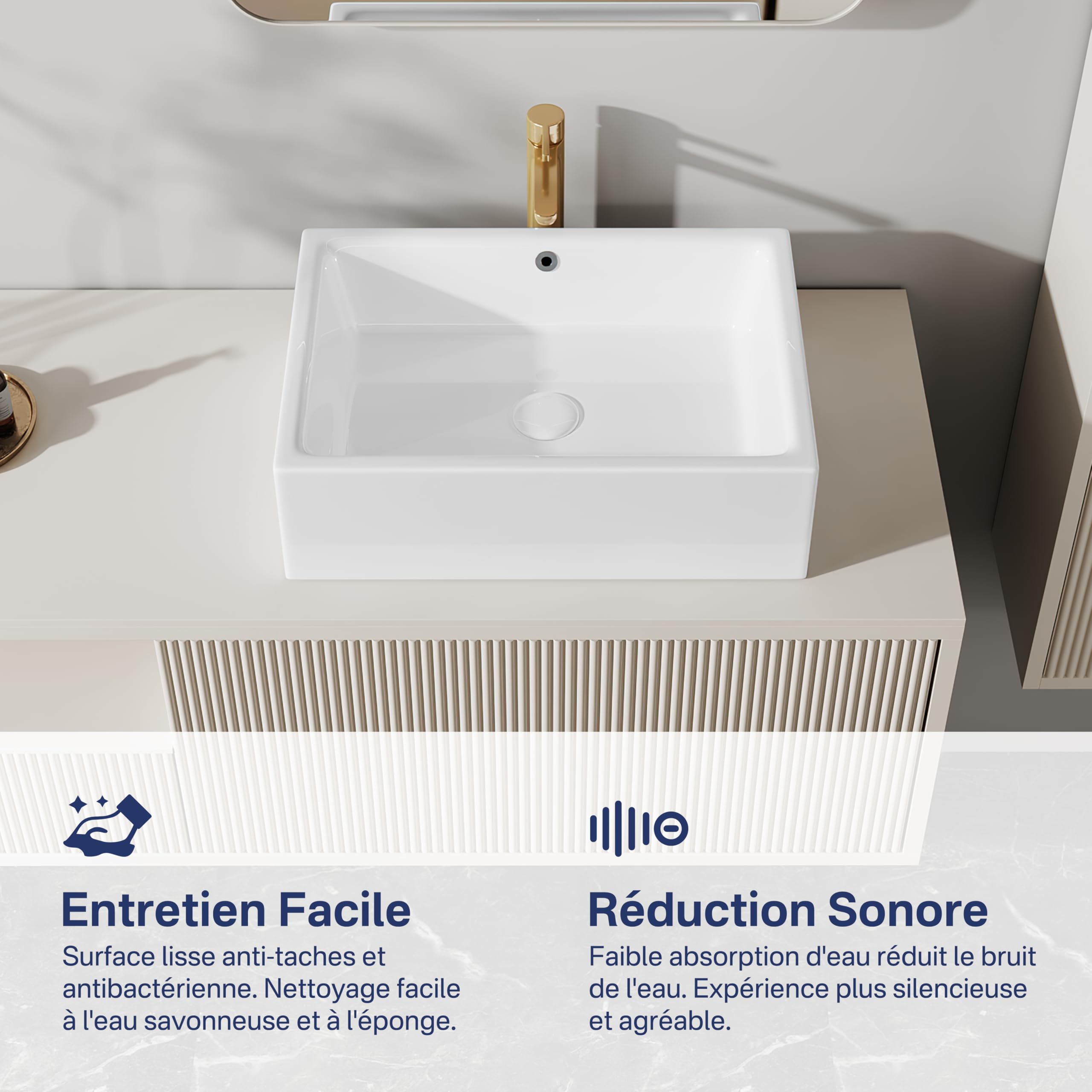 Eridanus Lavabo rettangolare in ceramica, 51 x 37 x 15 cm, lavabo da appoggio per vasca da bagno, moderno lavabo bianco, lavabo da tavolo, lavabo con foro per rubinetto, lavabo a mano
