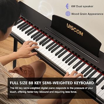 UISCOM Digital Piano Keyboard for Beginners,Full Size 88 Key Semi-Weighted Keyboard Electric Piano with Stand,Power Adapter,Sheet Music Stand,Pedal,Headphone,USB-MIDI Compatibility,Wood Black