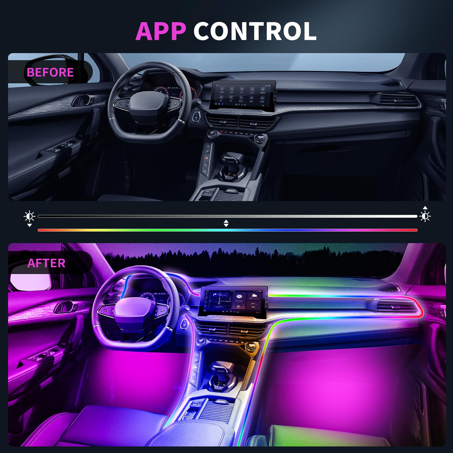 LED éclairage intérieur Voiture USB, Arc en Ciel RGBic 210 Modes Clignotants,Auto LED éclairage intérieur 2 en 1 pour Console Centrale et 4 éclairage du Plancher