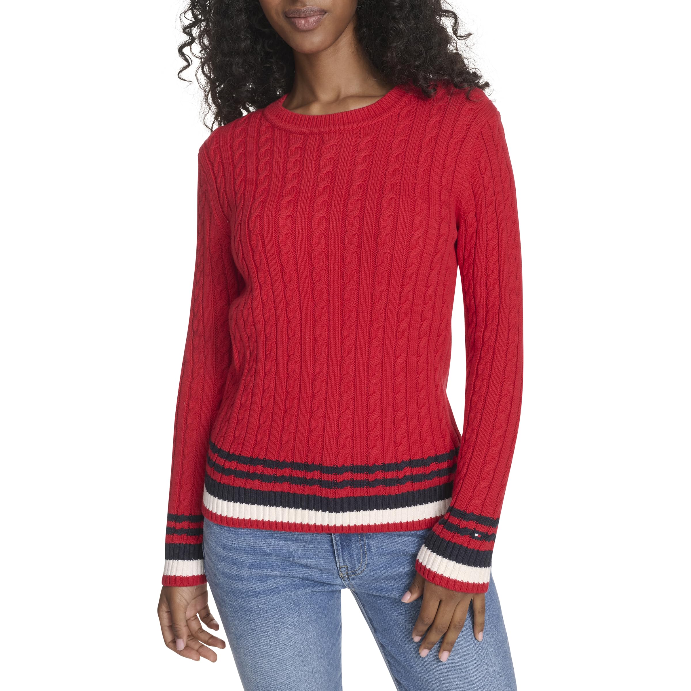 Tommy Hilfiger Women's Cotton Crewneck Cable Sweater, Scarlet Multi, XL