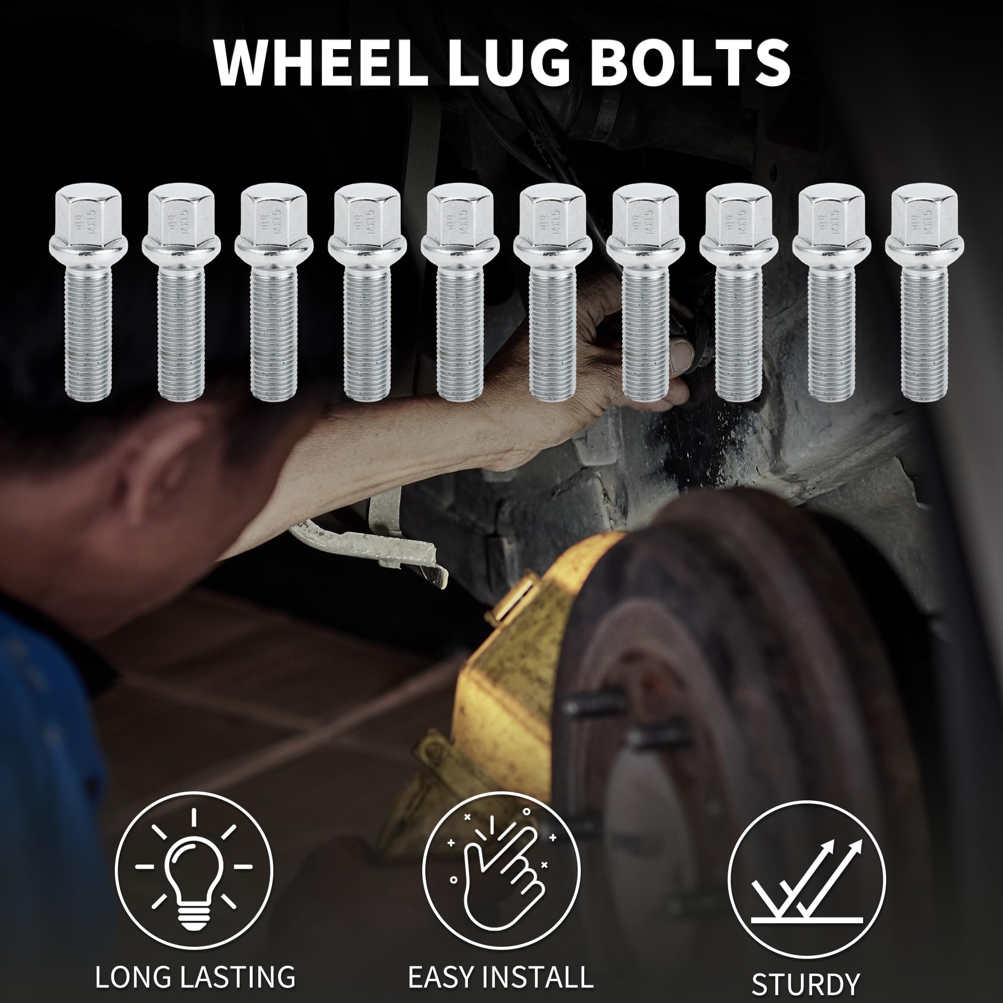 Bullone per Dado Ruota a Sfera M14x1.5mm per Volkswagen 19mm Esagono 40mm Lunghezza Asta Robusto | Bulloni Estesi Tono Argento 10 Pz