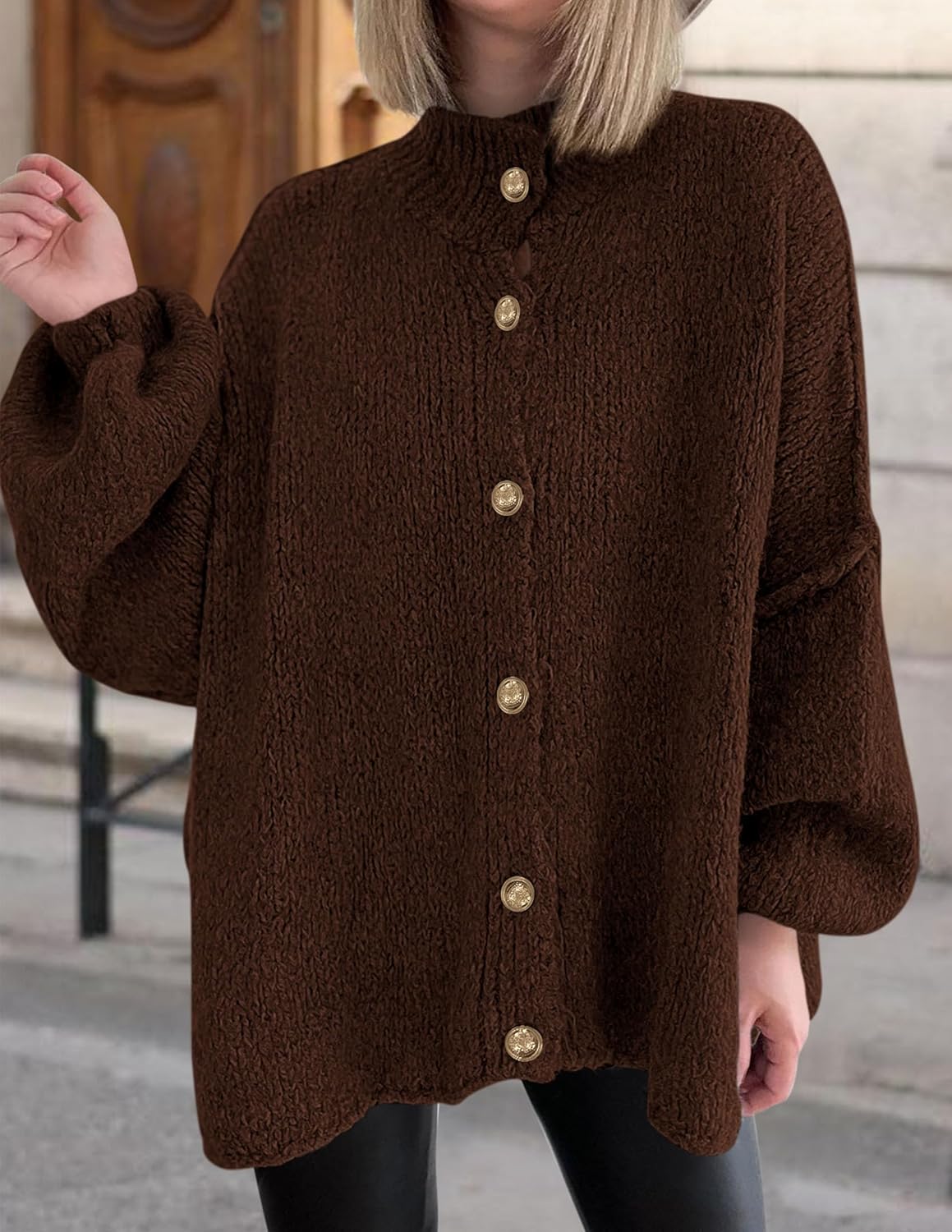 PRETTYGARDEN Women's Winter Button Down Cardigan Sweaters Mock Neck Lantern Long Sleeve Chunky Knit Jacket Trendy Outerwear - Image 8