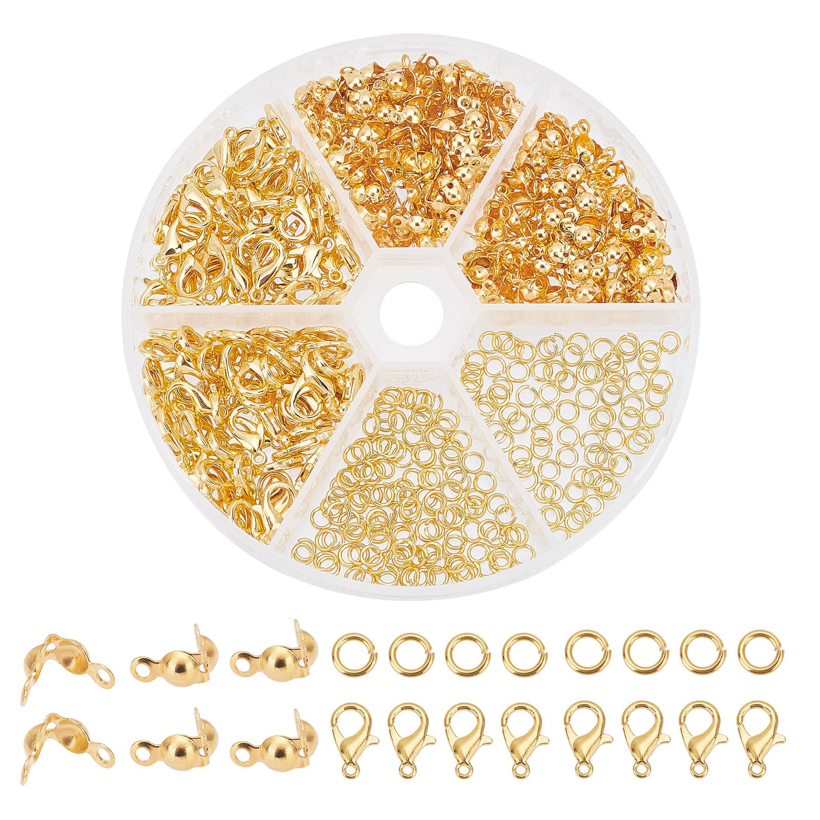 PH PandaHall500pcs Jewelry Making Accessory Set 200pcs 4mm 21 Guage Open Jump Ring 100pcs 12x6mm Lobster Claw Clasp 200pcs 7mm Bead Tips Knot Covers for Earring Bracelet Jewelry Making, Gold
