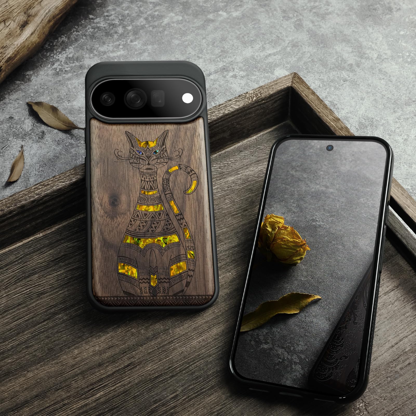 Carveit Etui na telefon komórkowy do Pixel 11 Pro, orzech tribal Cat Art