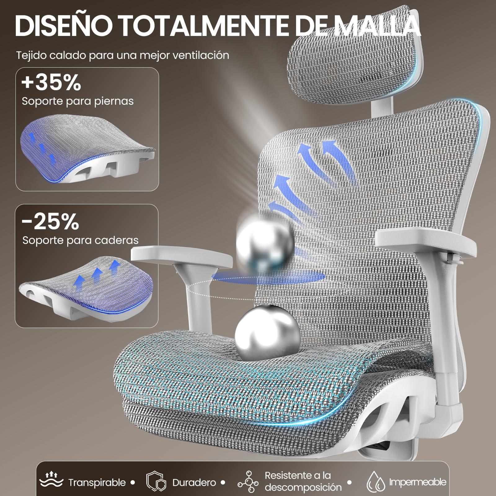 naspaluro Silla de Oficina Ergonómica con Reposacabezas, Respaldo Ajustable en 3 Posiciones, Carga hasta 150kg, Silla de Escritorio para Oficina y Home Office, Gris Claro