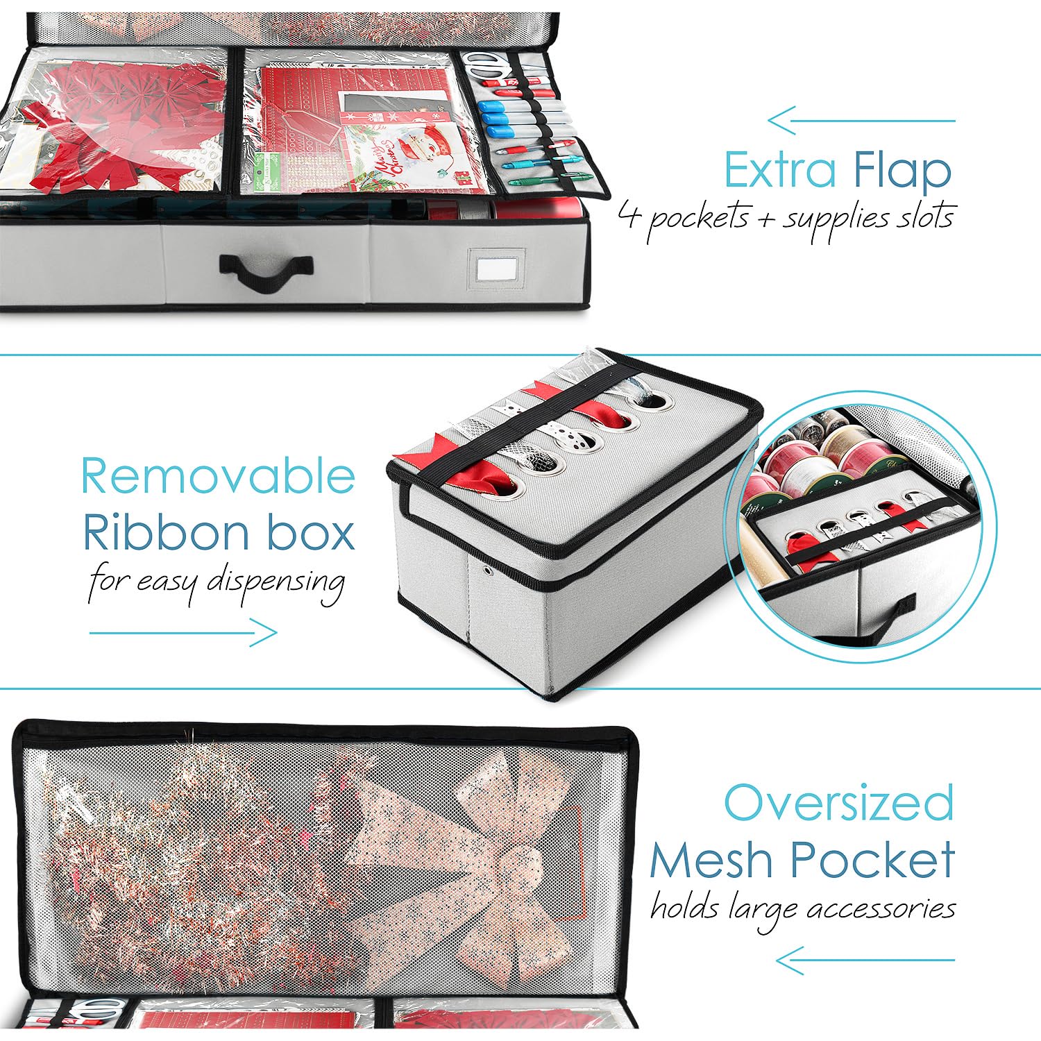 Hearth & Harbor Geschenkpapier-Aufbewahrungsbehälter, Weihnachts-Aufbewahrungstasche mit Bandspender und Innentaschen, für Geschenkpapier-Organizer, passend für bis zu 26 Rollen à 101,6 cm Länge