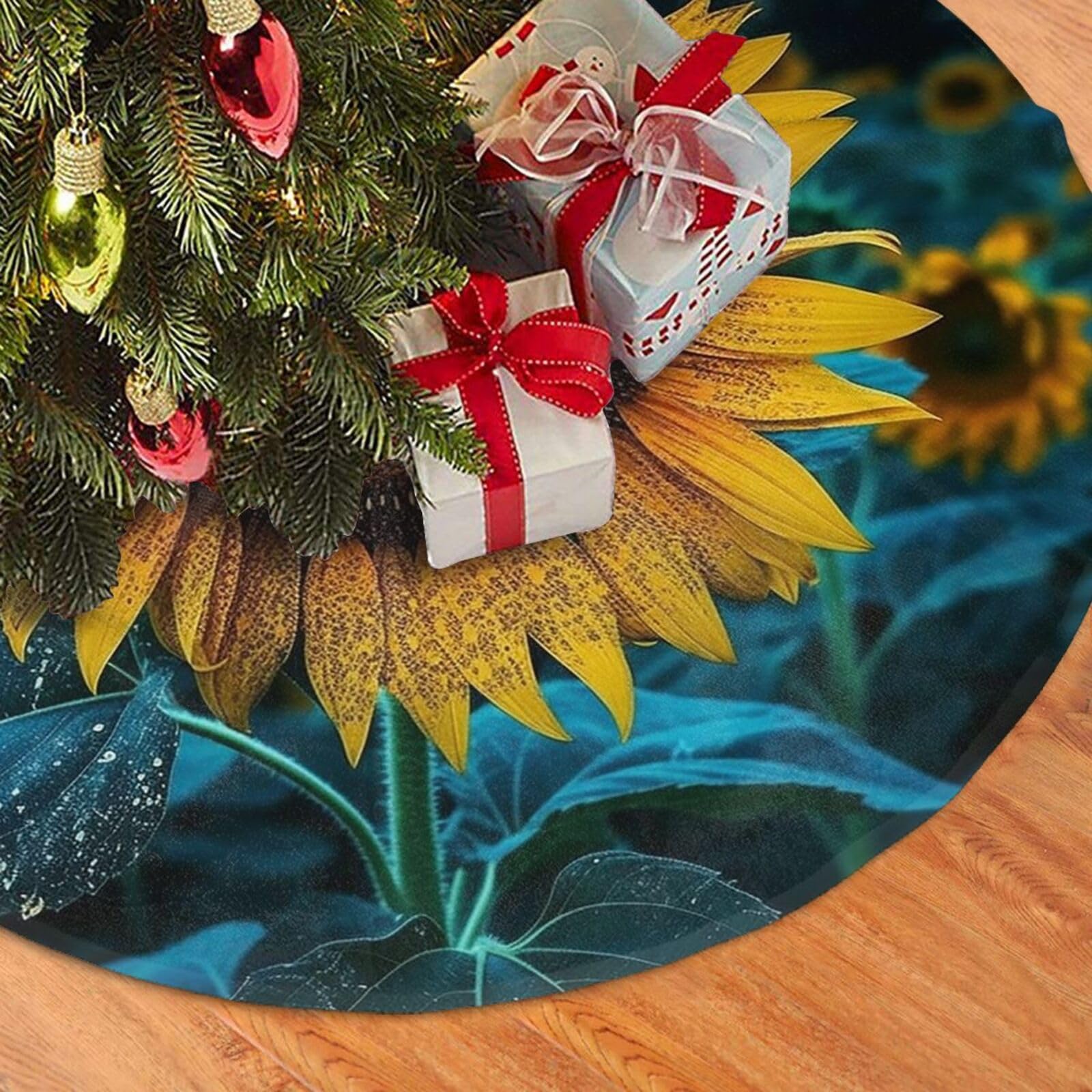 Fodpand Black The Most Beautiful Sunflower Christmas Tree Skirt 48" Velvet Xmas Tree Skirt Mat Rustic Christmas Tree Mat Cover Winter Xmas Tree Collar For Indoor Outdoor Christmas Decorations