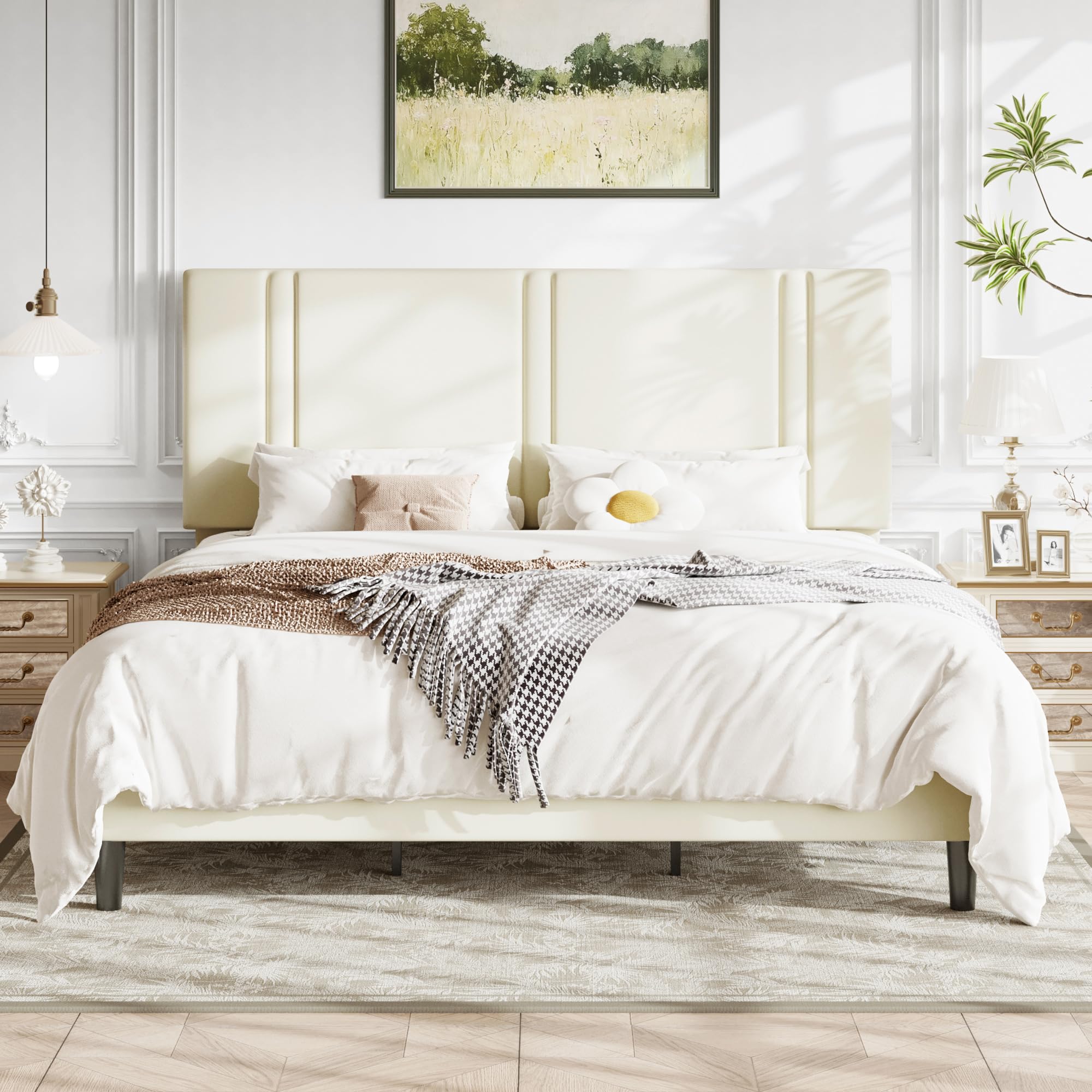 Allewie King Size Platform Bed Frame with Adjustable Headboard, Plush Velvet Upholstered, Vertical Channel Tufted, Sturdy Wooden Slats, No Box Spring