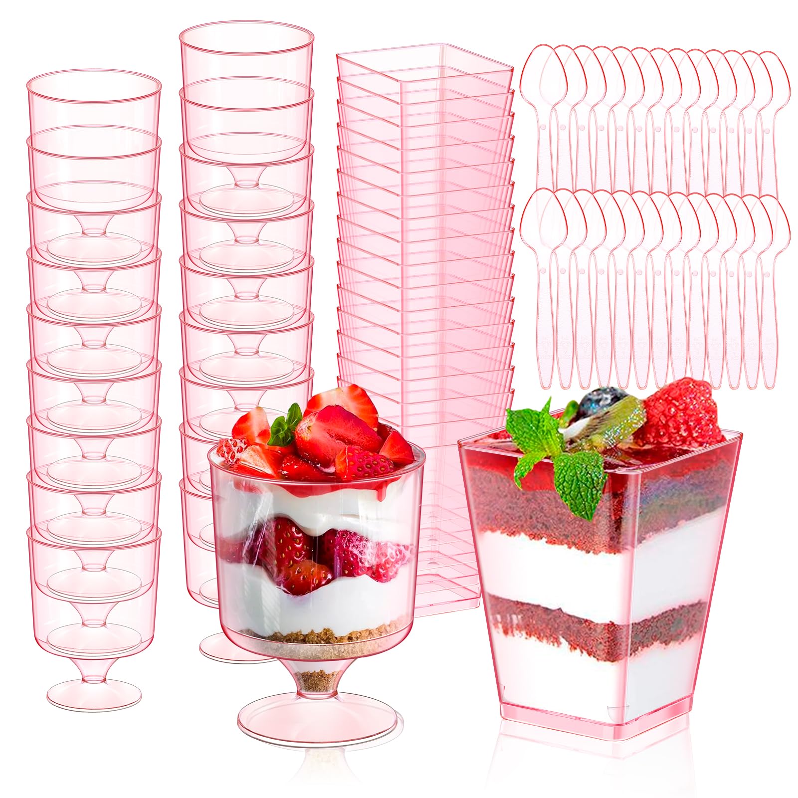 200 Pcs Pink Dessert Cups With Spoons - 5 Oz Mini Plastic Parfait Cups & Goblets For Party, Ice Cream, Pudding, Appetizers (Square & Round)