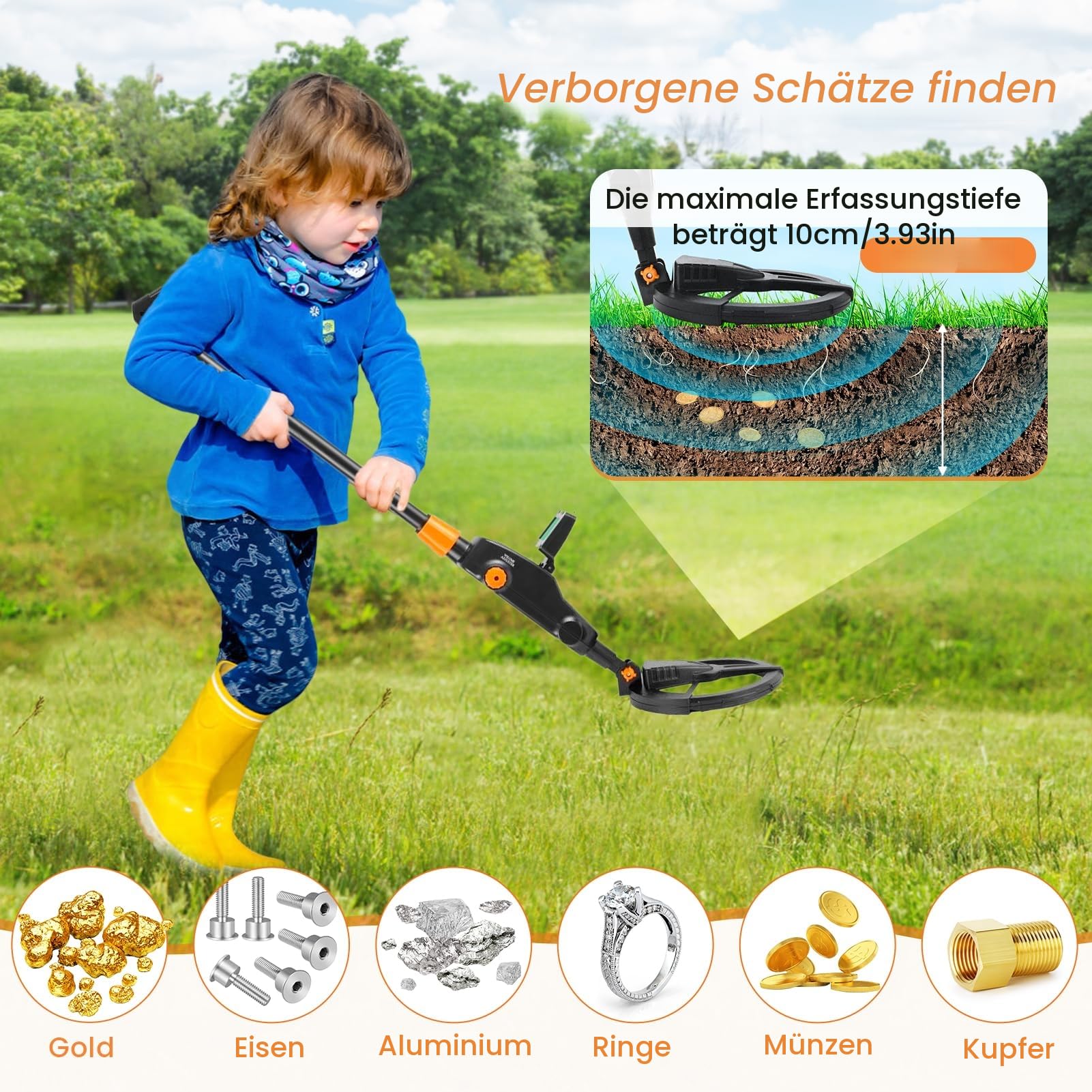 Sunowl Metalldetektor für Kinder mit LCD und Tonanzeige, Hochempfindlicher Metalldetektor mit Wasserdichter Suchspule, Kinder Metalldetektor für Metallsuche