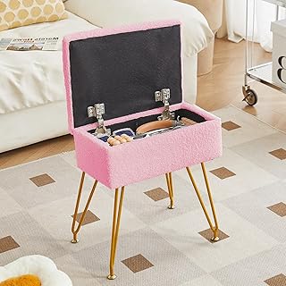 Alessing Vanity Stool Chair Ottoman with Storage, Sherpa Vanity Chair for Makeup Room, Rectangle Vanity Stools with Metal ...