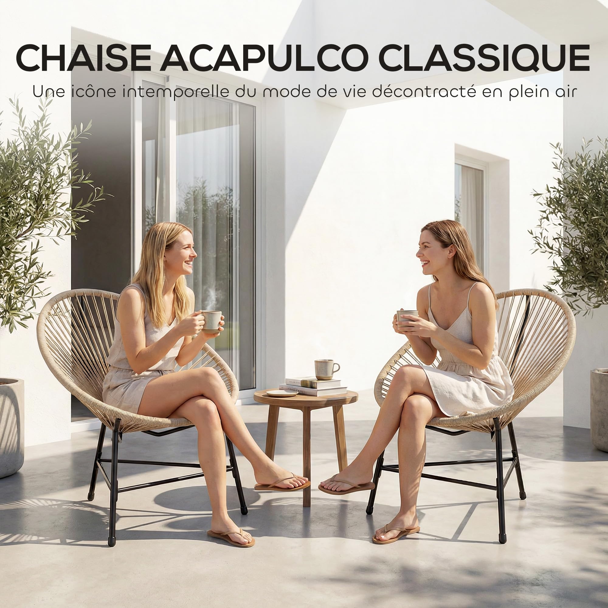 Outsunny Lot de 2 Fauteuils de Jardin Acapulco Résine Tressée, Structure Triangulaire en Acier, Chaise de Jardin pour Plage Balcon Terrasse, Charge 120 kg, 72x68x81cm, Naturel