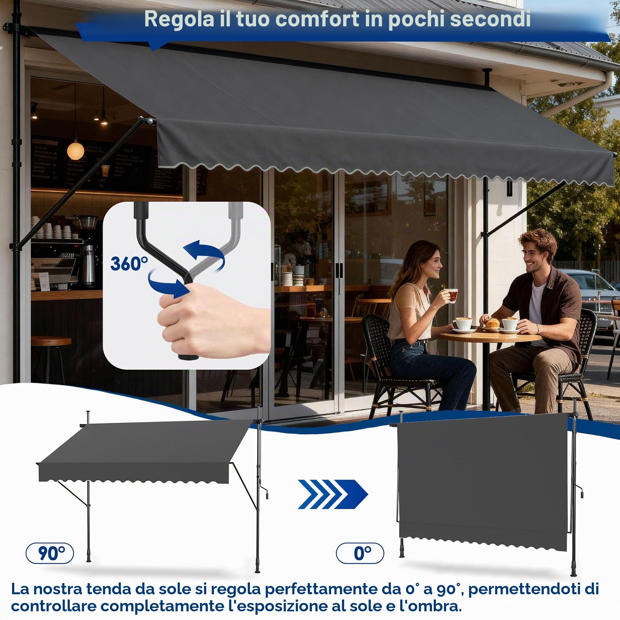 UISEBRT Tenda da Sole a Bracci con Manovella, 250x120cm Protezione per Balcone Regolabile, Senza Forare, protezione UV Tenda da sole per finestre, terrazze, balconi o giardini，Grigio scuro