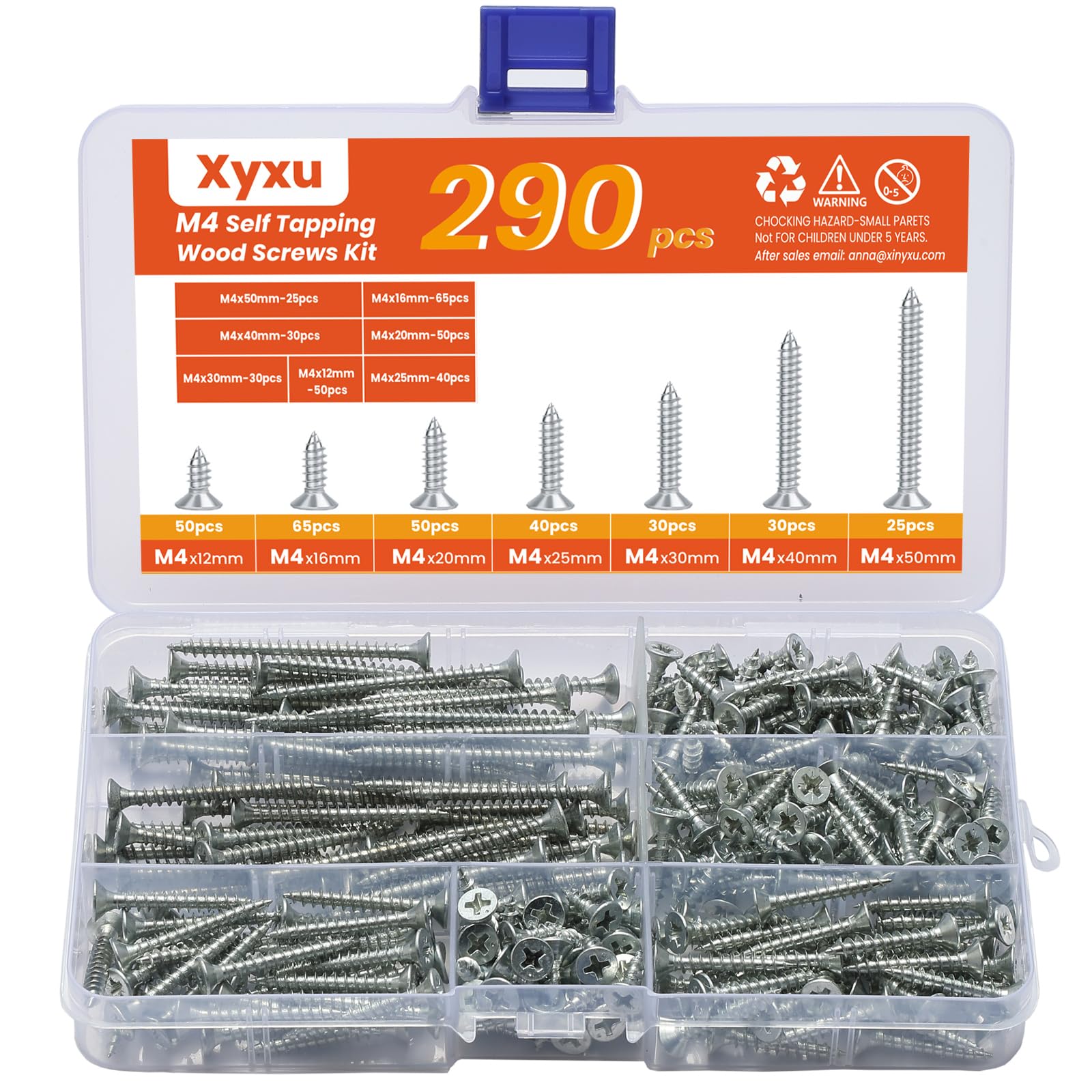 Xyxu M4 Wood Screws Assortment -290pcs Assorted Zinc Countersunk Self Tapping Screws for Wood 12mm, 16mm, 20mm, 25mm, 30mm