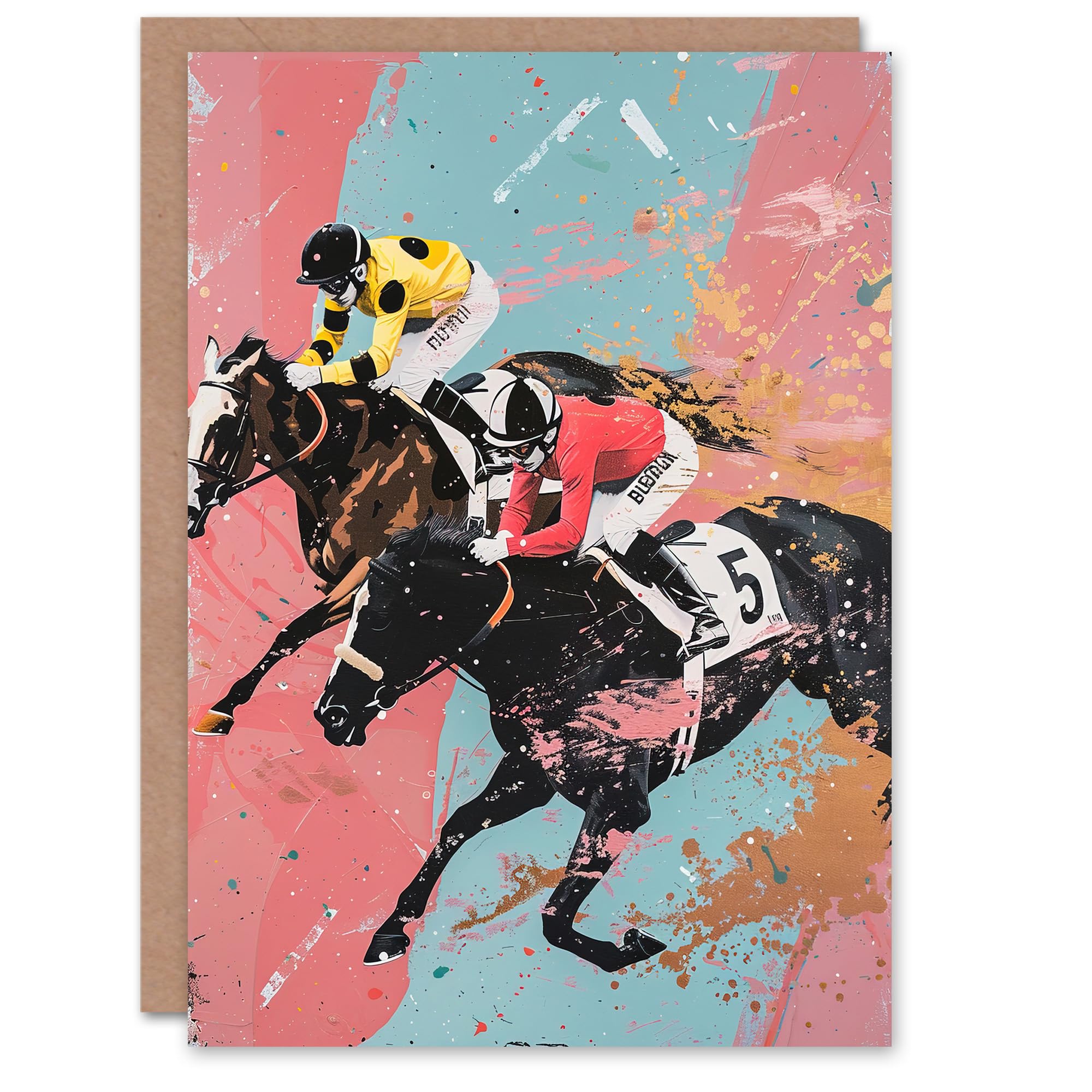 Artery8 Greeting Card Horserace Jockeys Horse Racing Bold Dynamic Blank For All Him Or Her Art Birthday Card