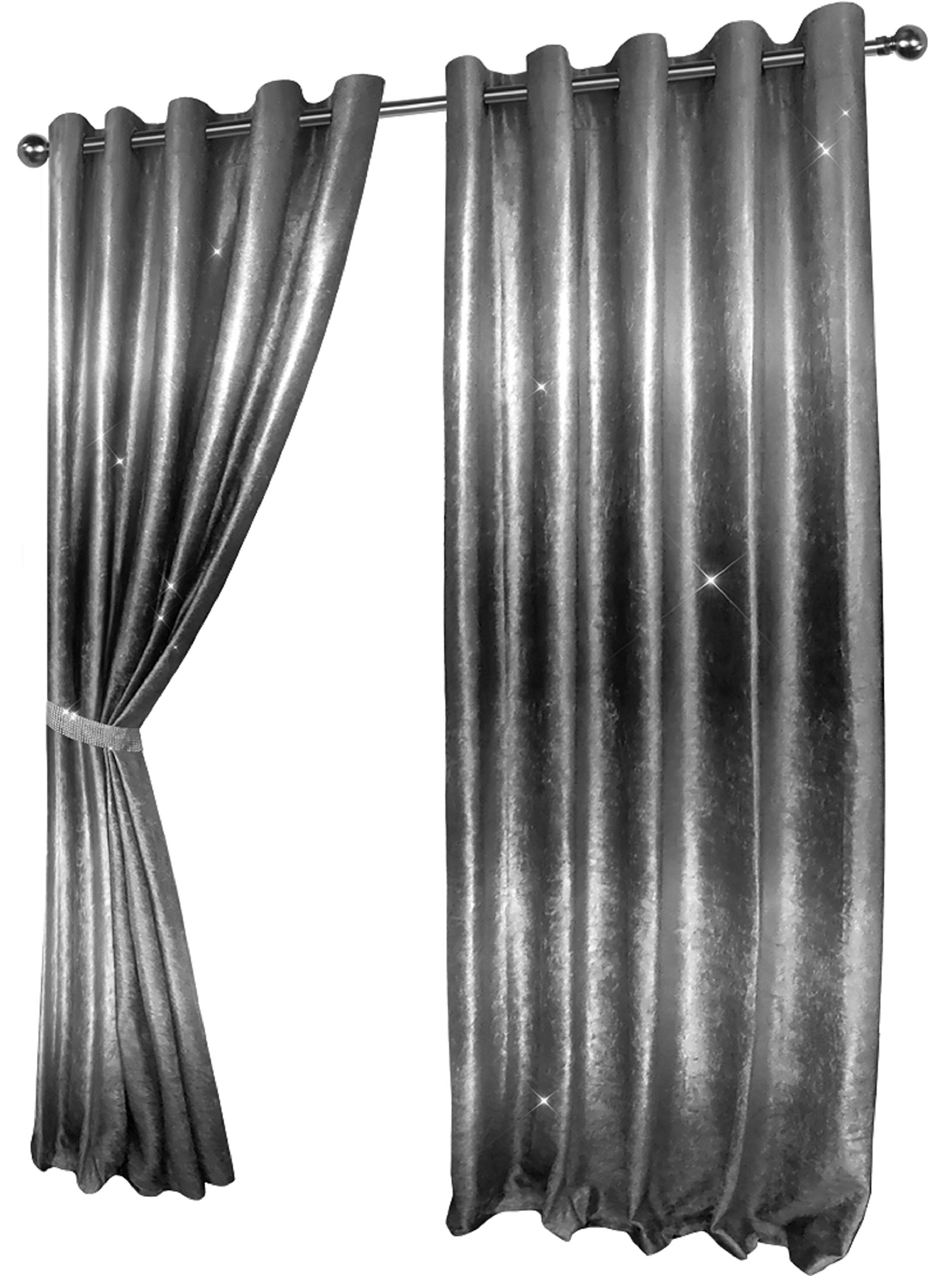 LES4U Luxury Crushed Velvet Ombre Eyelet Curtains 2-Tone Pair 2 Ring Top Panels Tonal Gradient Sparkle Velvet Thermal Lined with Glitzy Diamante Ties (Silver/Grey, W66 x L90 Inch)