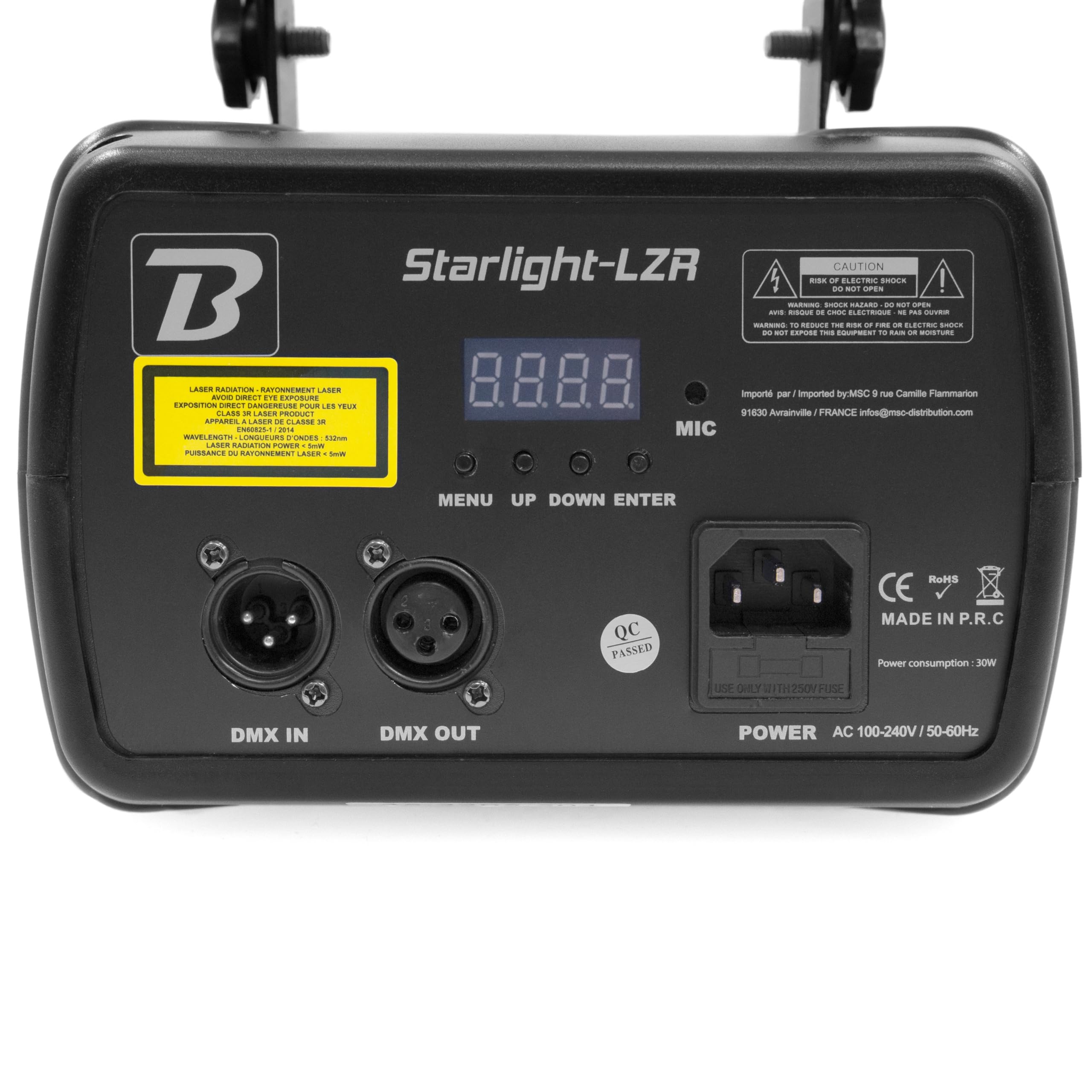 BoomToneDJ STARLIGHT-LZR Jeux de lumière DJ 4 effets Faisceaux multicolores LZR, Strob, Contrôle DMX Programmes automatiques Détection musicale Télécommande. Eclairage Disco Club Fête Soirée Mariage