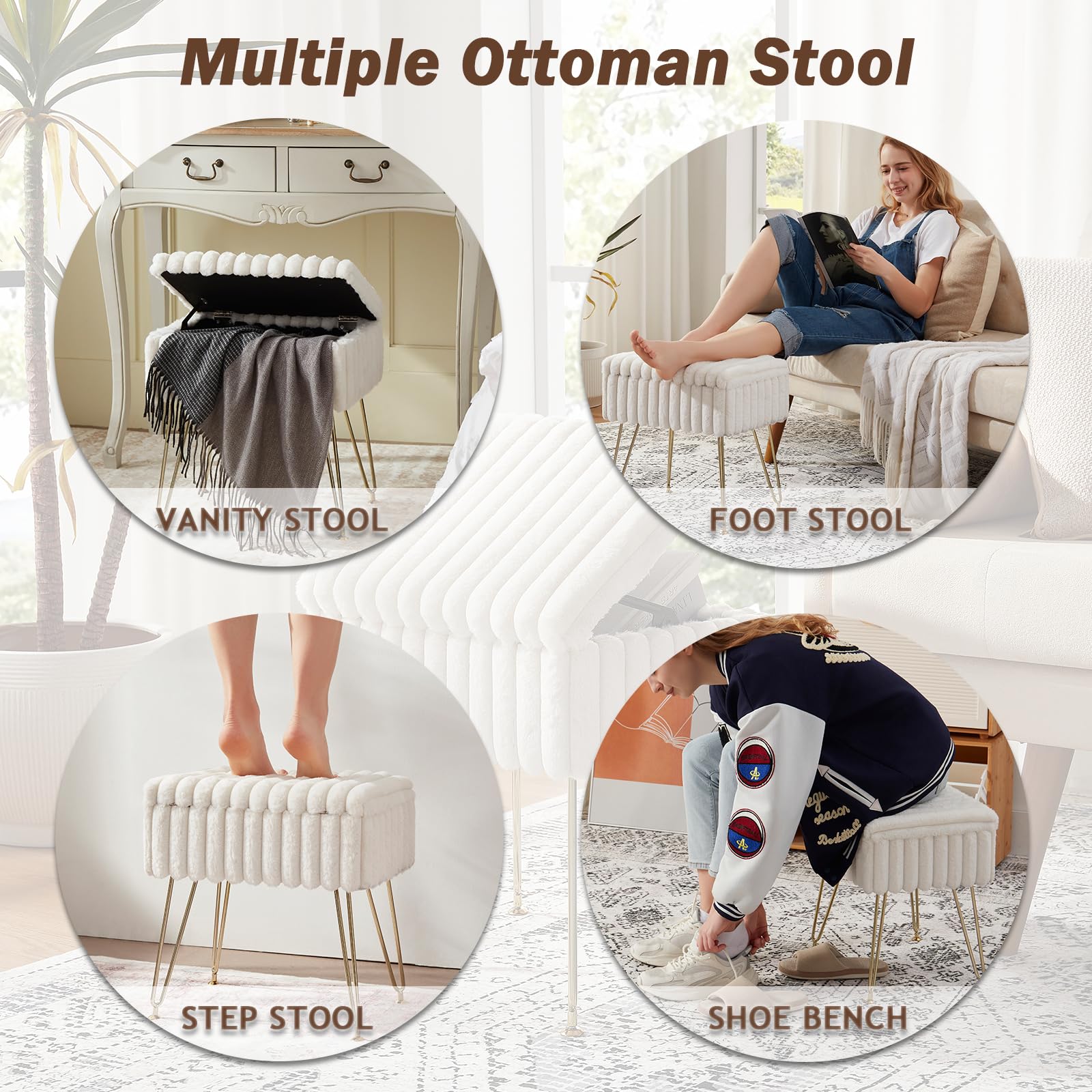 Taburete de tocador con almacenamiento, taburetes de piel sintética para maquillaje de tocador, taburete otomano con 4 patas de metal, sillas de asiento pequeñas para sala de estar 6