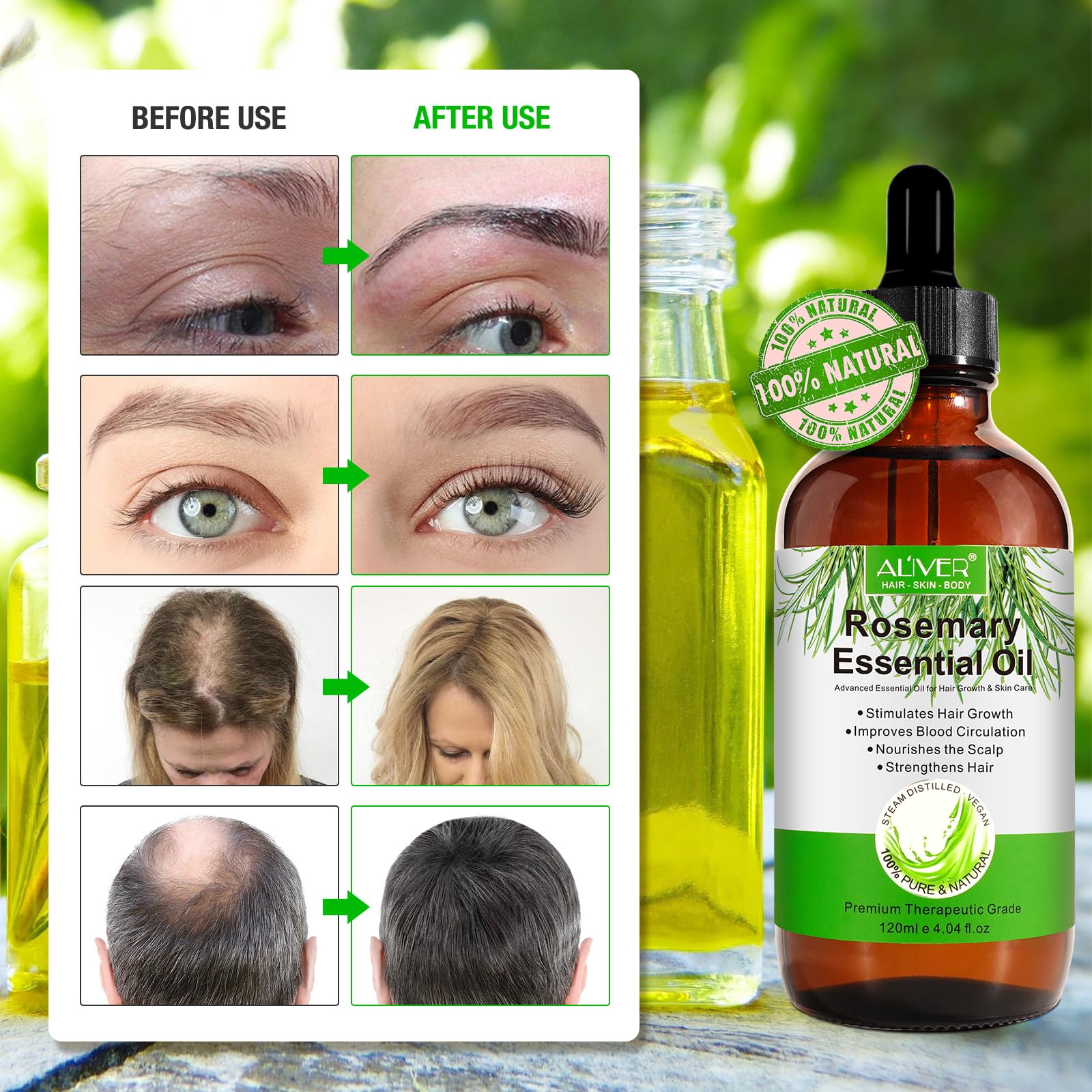 Rosemary Oil for Hair Growth 120 ml, Rosemary Essential Oil for Eyelashs Eyebrows, Face, Skin Care, Body Massage - Image 3