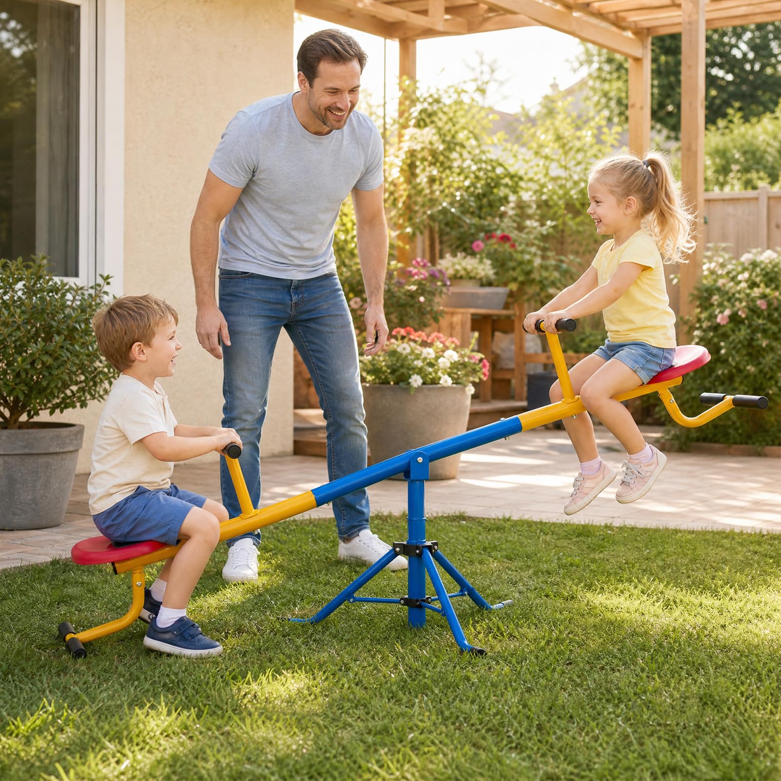 HOMASIS Balançoire à bascule pour enfants 2 places, Bascule d'extérieur avec rotation à 360° et verrou pour les jambes, jusqu'à 60 kg de charge, balançoire à bascule pour jeunes enfants de 3 à 8 ans