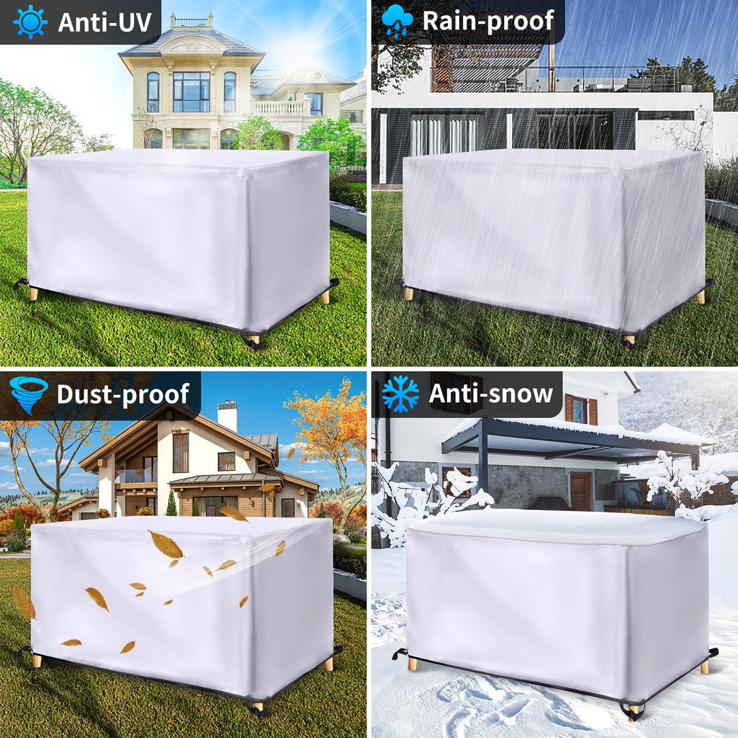 Copertura per Mobili da Giardino Impermeabile, 160x85x100cm/LxWxH Tutte Le Taglie Copertura Tavolo Esterno Rettangolare, Antivento Anti-UV, con cinturino antivento e coulisse regolabile