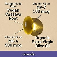 Vista 3 de NatureWise Suplemento de vitamina K2 de 600 mcg con MK-7 100mcg y MK-4 500mcg - Fórmula mejorada biodisponible - Complejo K para la salud ósea