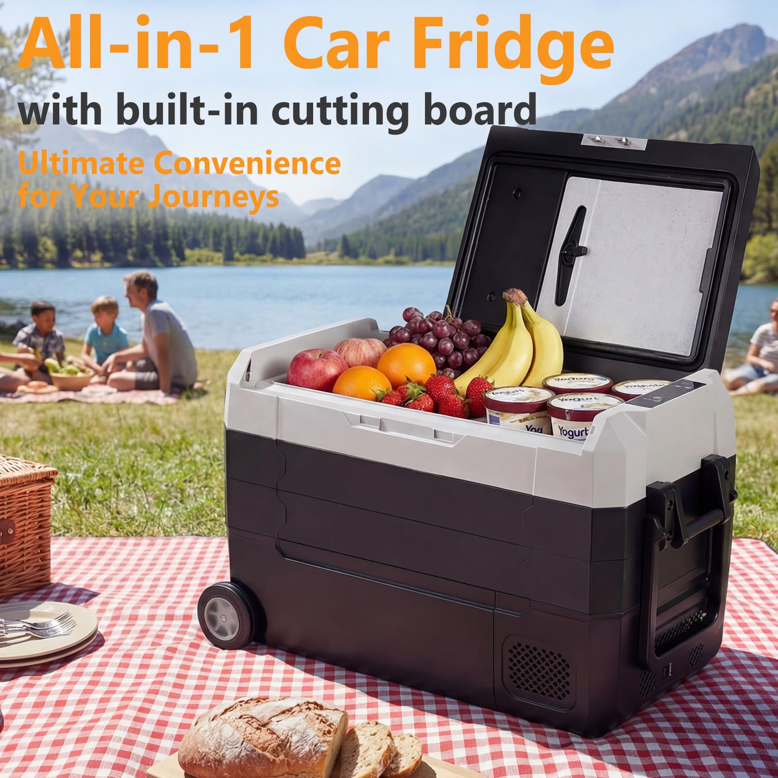 Condition photo showing New/Like New for newbulig 12 volt car refrigerator, 53qt dual-zone electric cooler for vehicles with wheels, 12/24v dc & 100-240v ac, -4-68 freezer, bluetooth control, battery protection for travel, camping