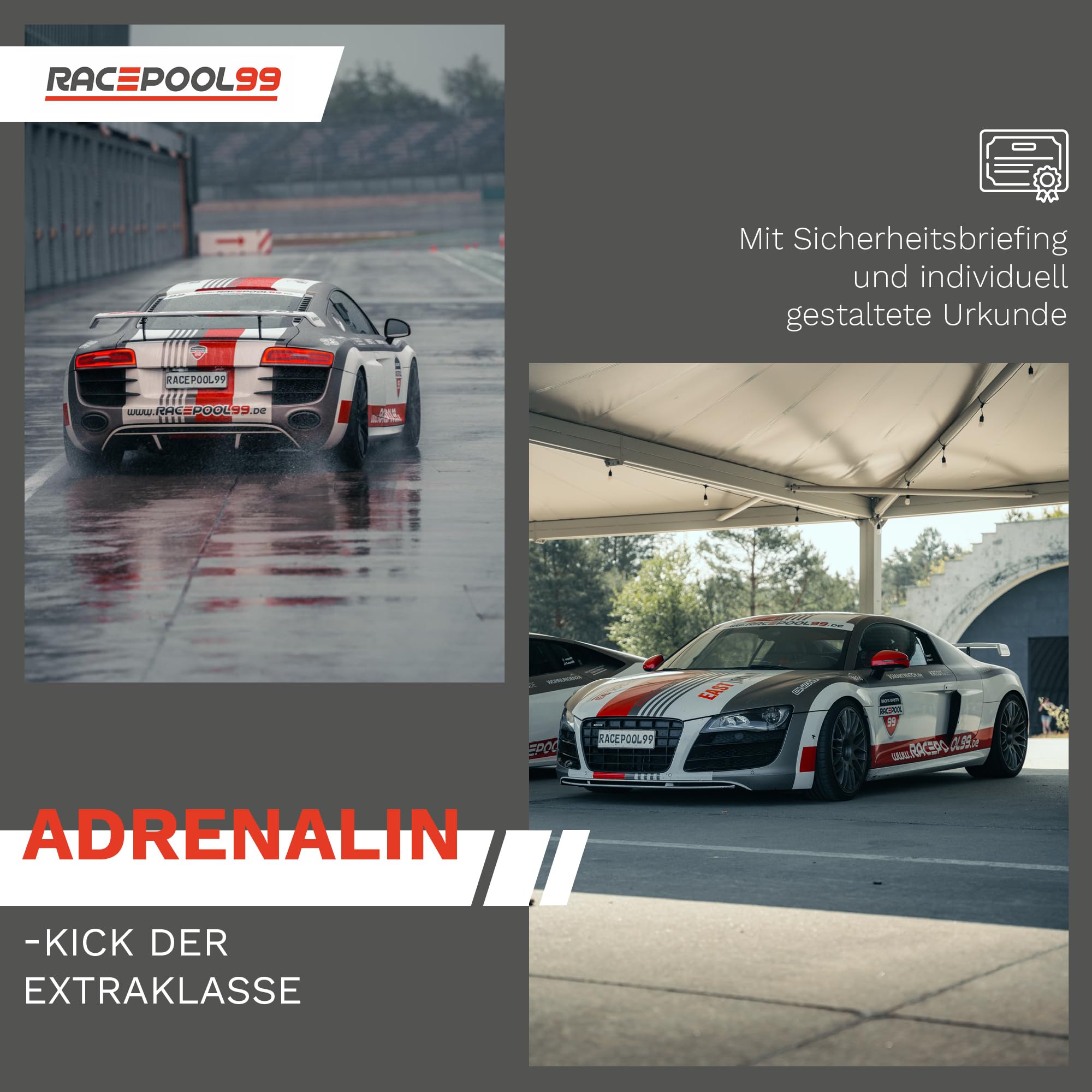 Racepool99® Experiencia Cupón – 3 vueltas de auto conducción en coche deportivo en pista de carreras/regalos para amantes de los coches/regalo para hombres y mujeres