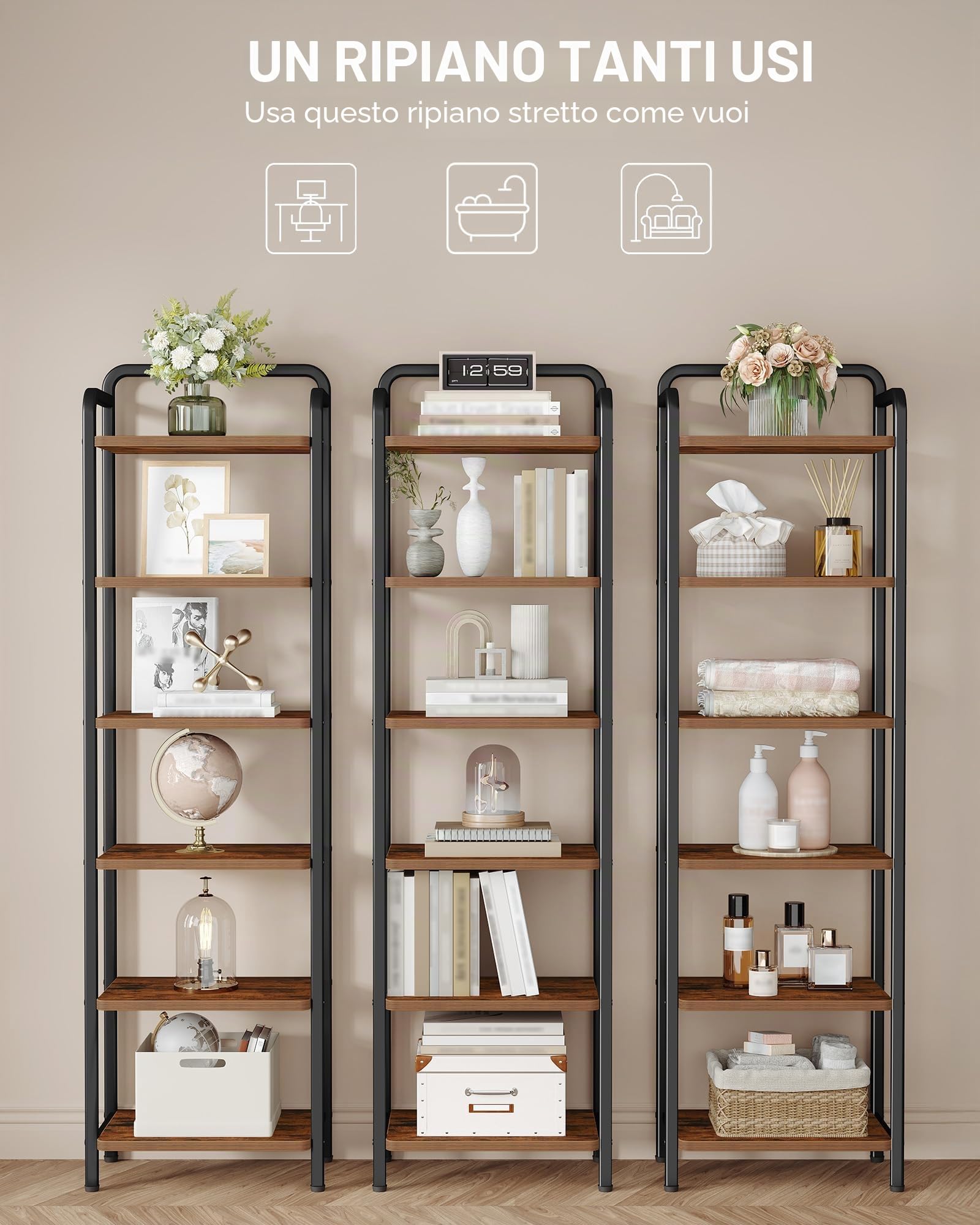 Hzuaneri Scaffale a 6 Ripiani, Libreria, Scaffale Stretto per Libri, Mensola D'angolo Industriale, Mensola Sottile per Ufficio, Soggiorno, Camera da Letto, Cucina, Marrone Vintage e Nero BC44601B
