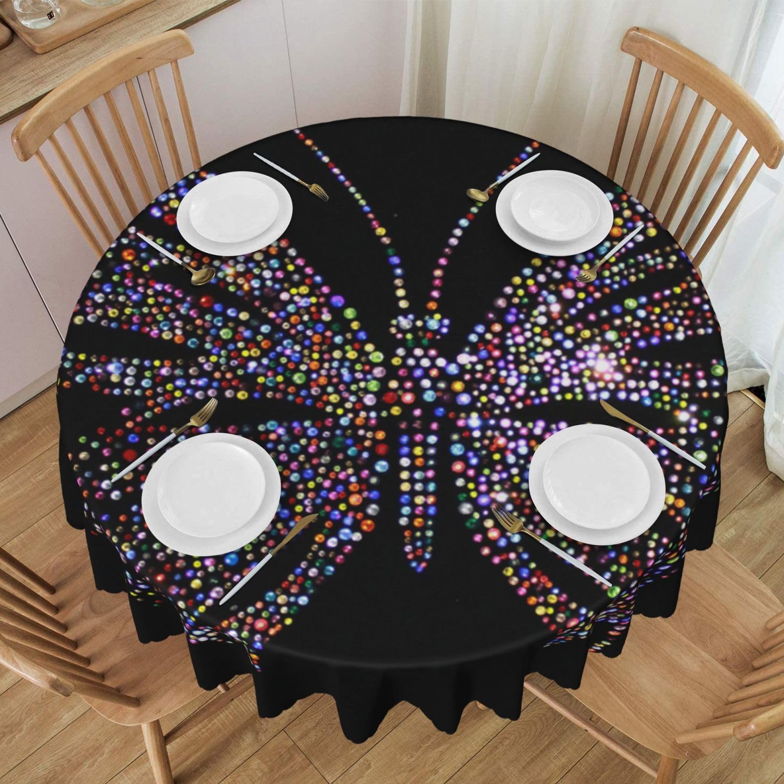 DCEHGEW 60 In Round Tablecloth with Lace, Rhinestone butterfly Printed Oilproof & Washable Fabric Picnic Table Cloth Table Covers