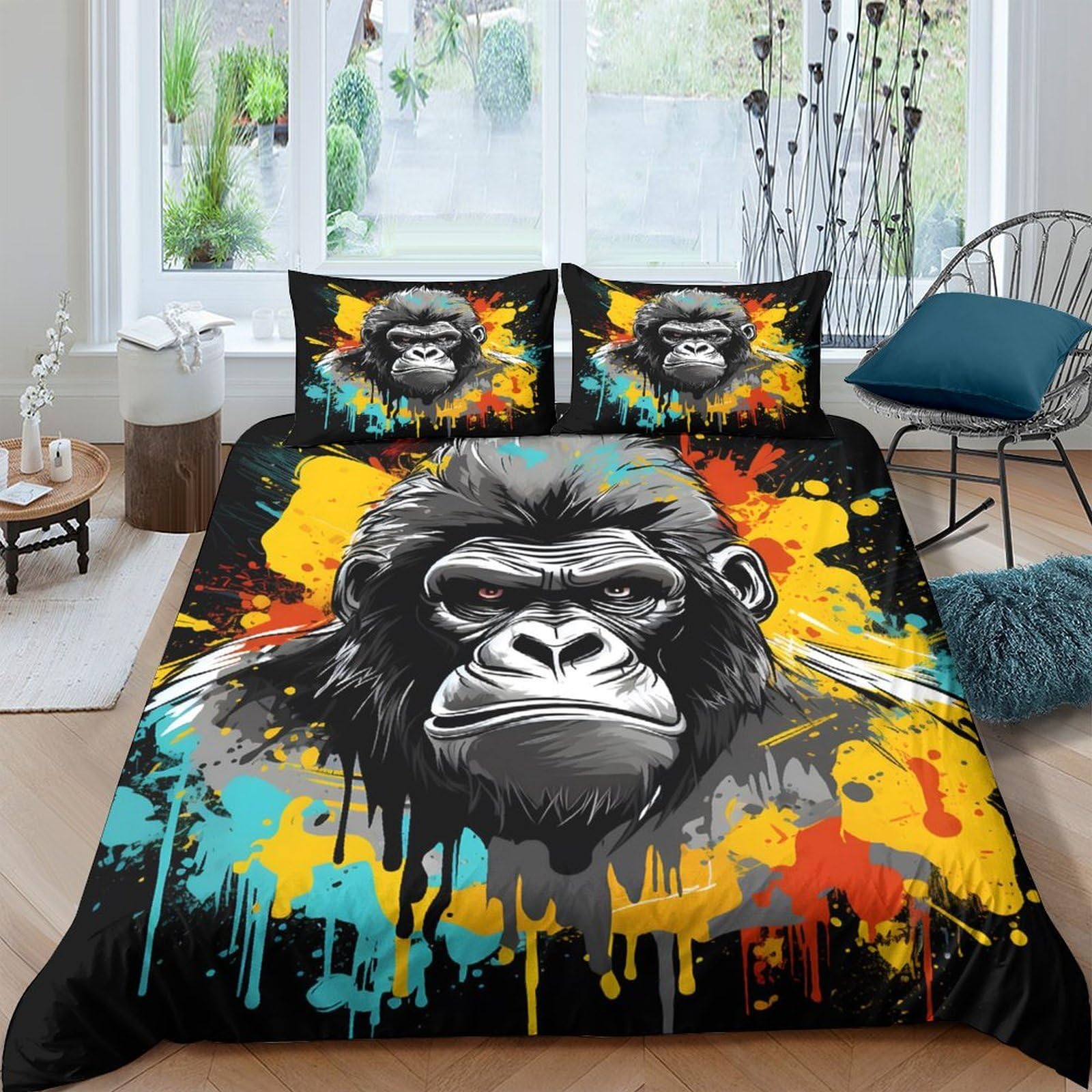 3D Printed Graffiti Gorilla Duvet Cover Microfiber Soft Breathable Urban Art Bedding Set with 2 Pillowcases for Bedroom Decor Single（135x200cm）