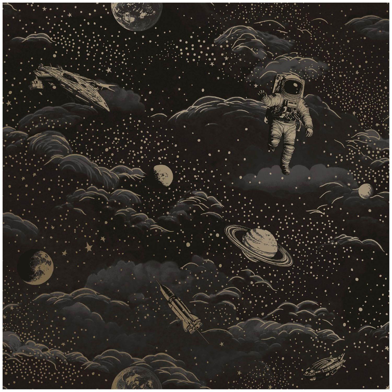 Yöl Black, Gold Lost In Space Black Gold Wallpaper - Kids Room Toy Room Bedroom Playroom Feature Statement Wall - Washable Wet Removable - 10.05M X 53Cm Roll - Spaceships Planets Astronauts - 14050