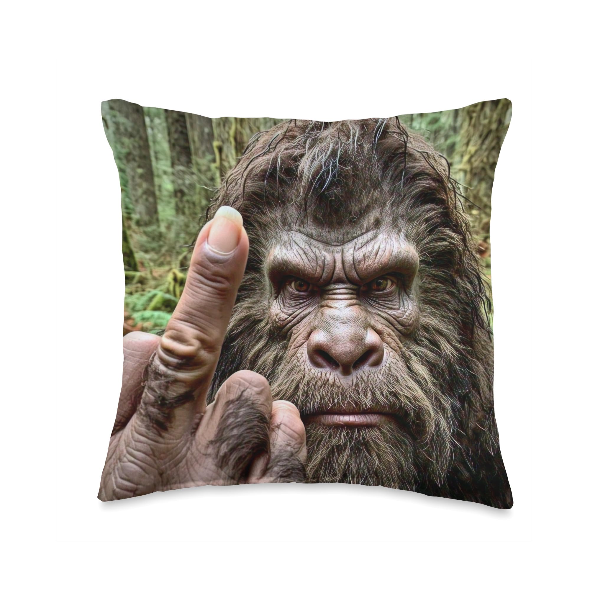 Bigfoot middle finger forest trail cam funny sasquatch photo Throw Pillow
